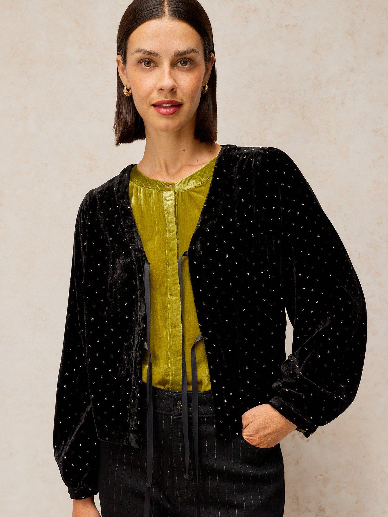Image 1 of 5 of White Stuff Womens Tie-Front Sparkle V-Neck Velvet Top - Black