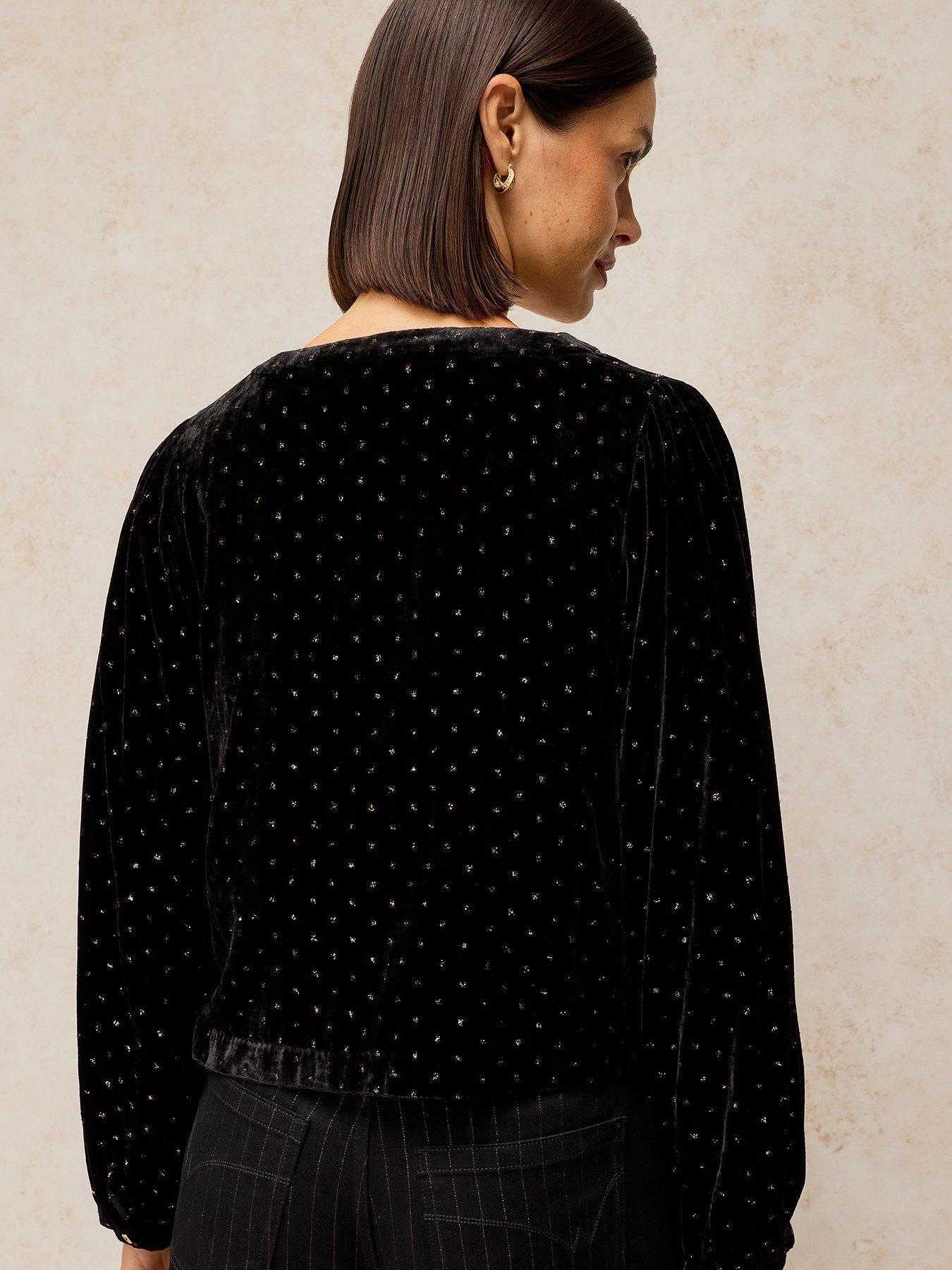 Image 2 of 5 of White Stuff Womens Tie-Front Sparkle V-Neck Velvet Top - Black