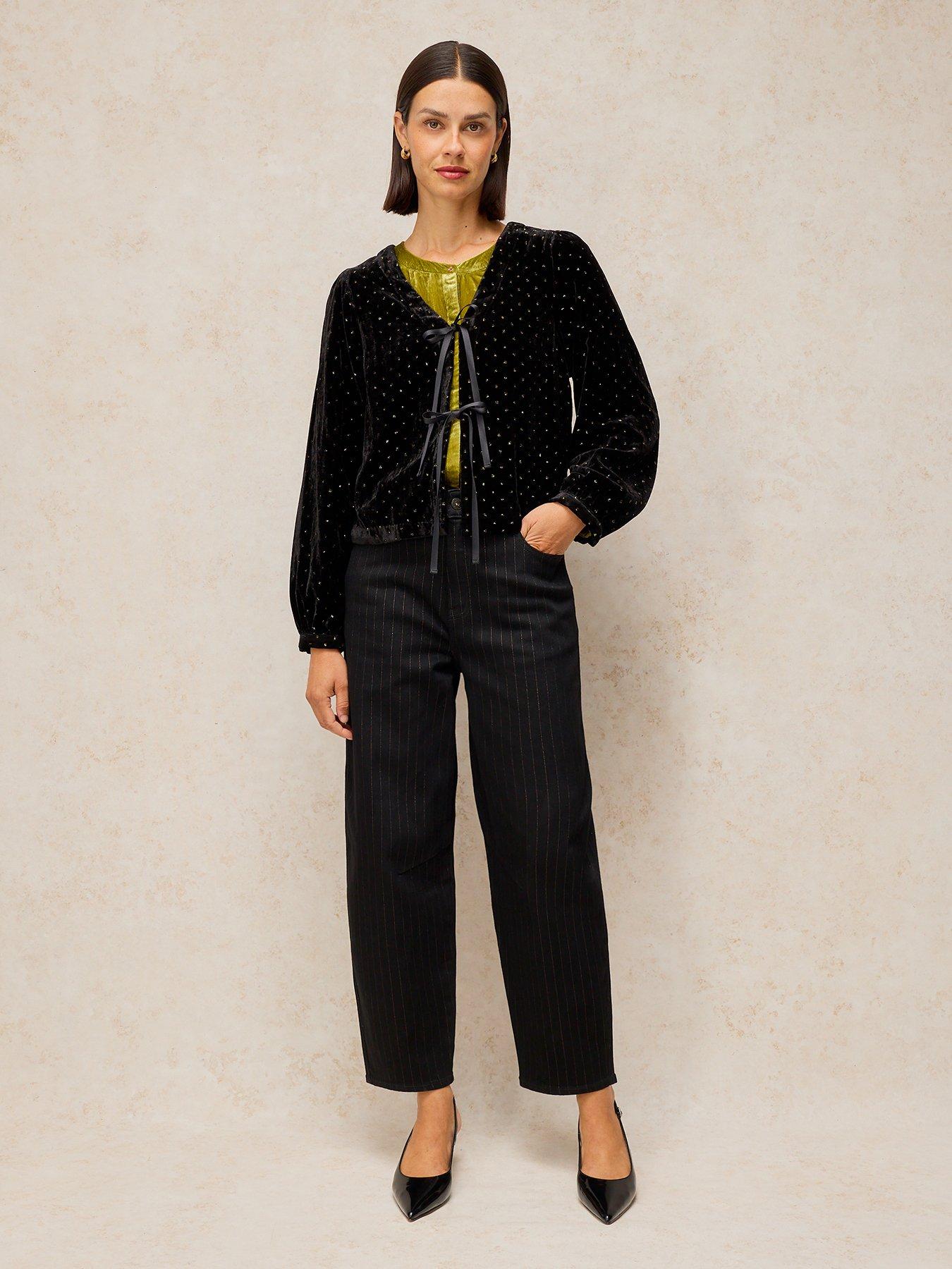 Image 3 of 5 of White Stuff Womens Tie-Front Sparkle V-Neck Velvet Top - Black