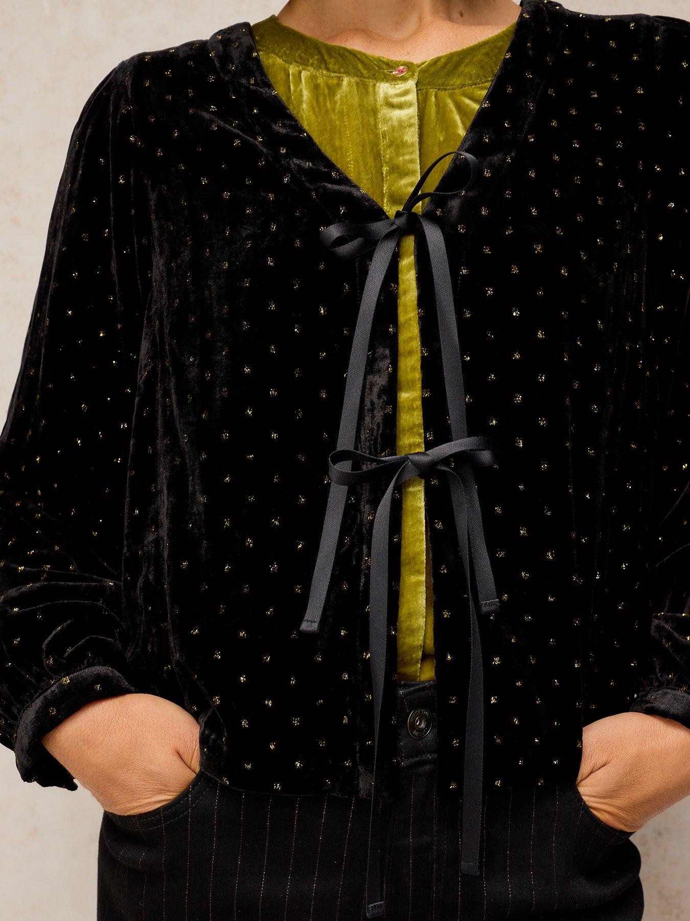 Image 4 of 5 of White Stuff Womens Tie-Front Sparkle V-Neck Velvet Top - Black