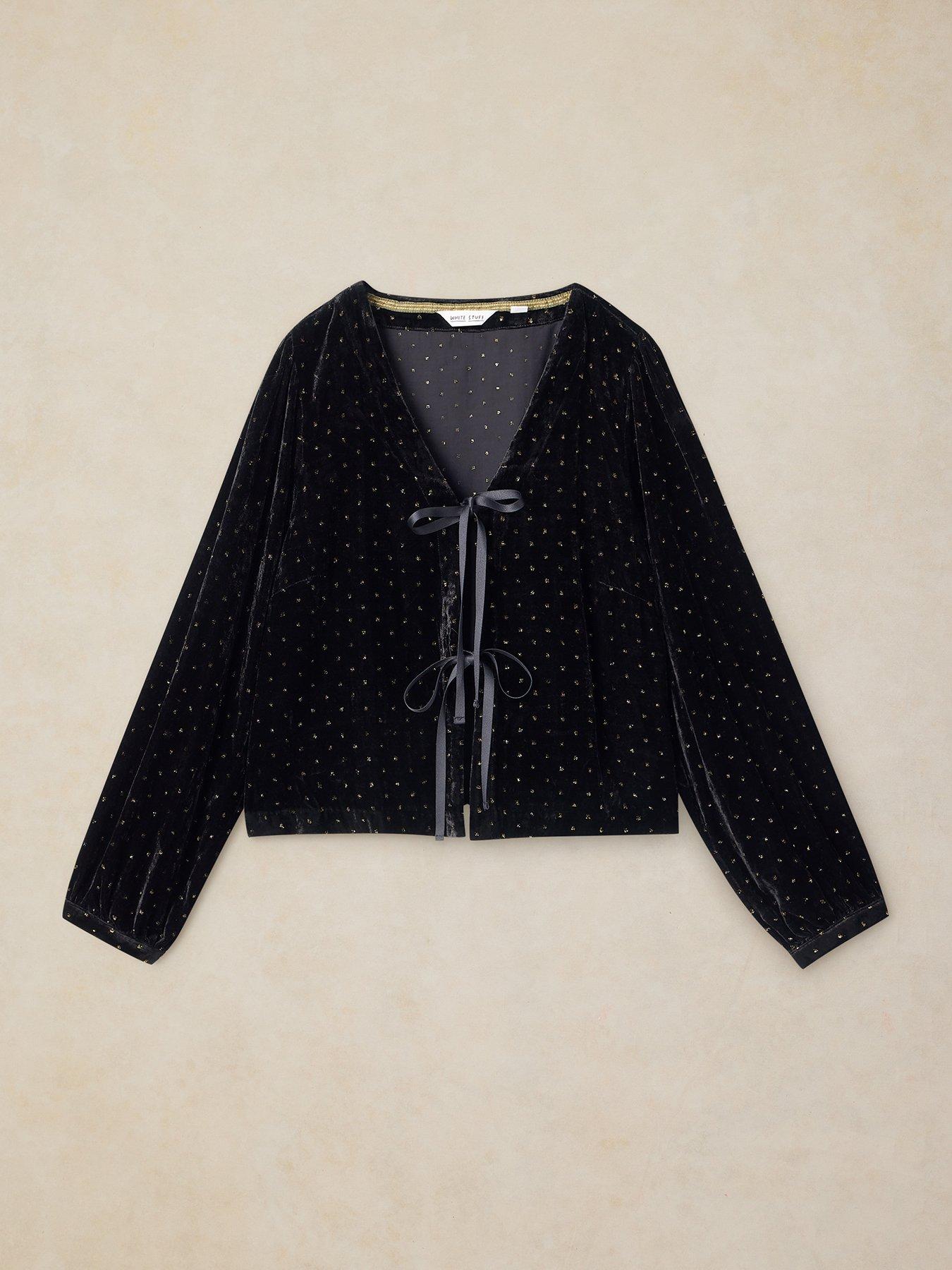 Image 5 of 5 of White Stuff Womens Tie-Front Sparkle V-Neck Velvet Top - Black