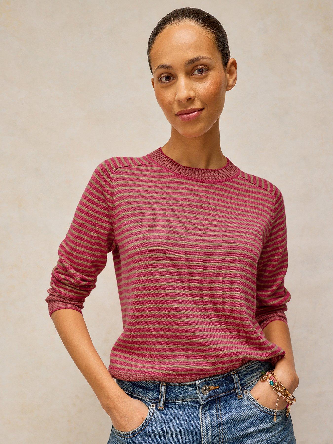 White Stuff Sienna Textured Knit Stripe Crew Neck Jumper - Pink