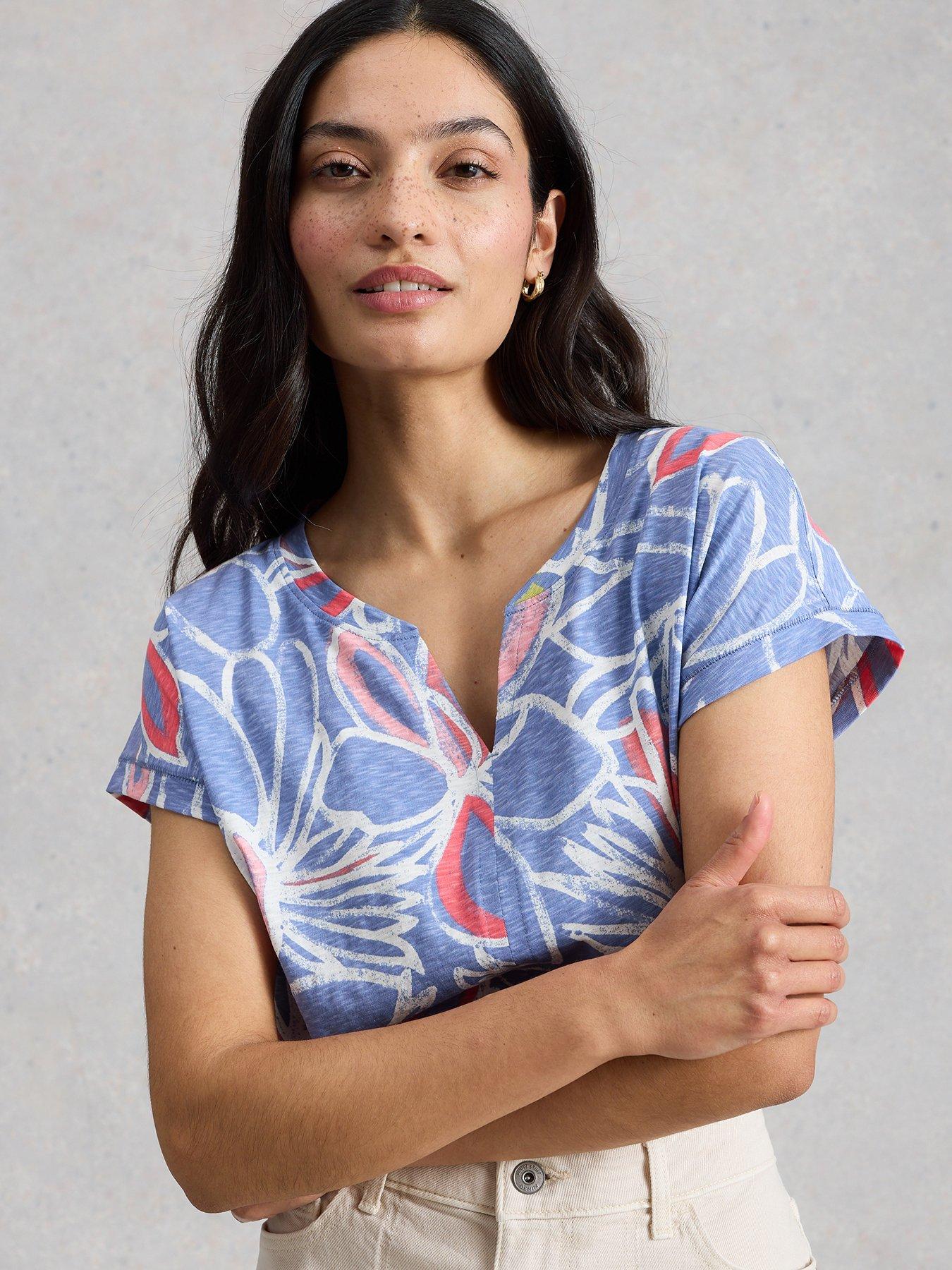 White Stuff Nelly Printed Notch Neck Short Sleeve Tee - Blue