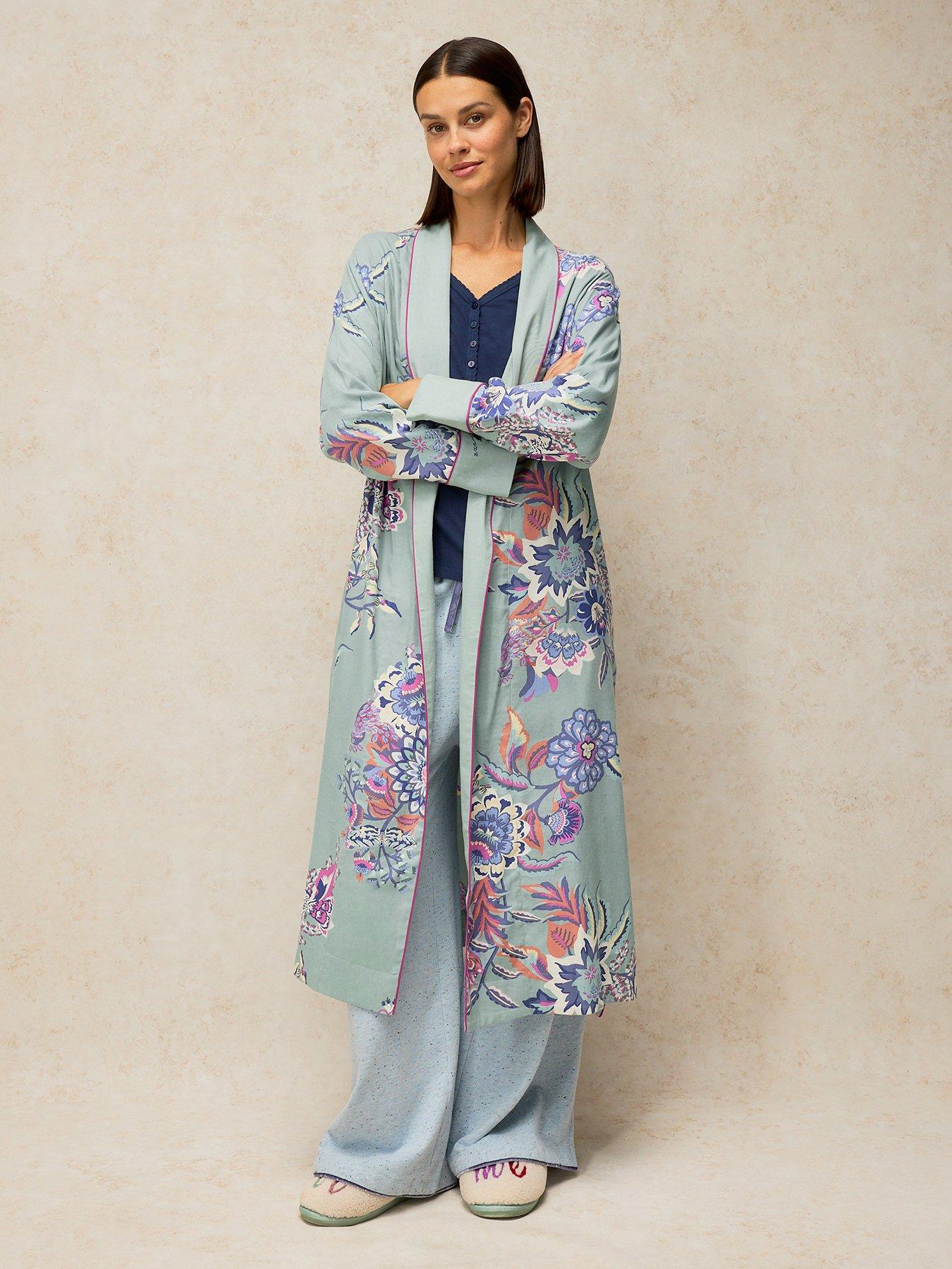 Image 1 of 5 of White Stuff Womens Nina Floral Tie Waist Dressing Gown - Blue