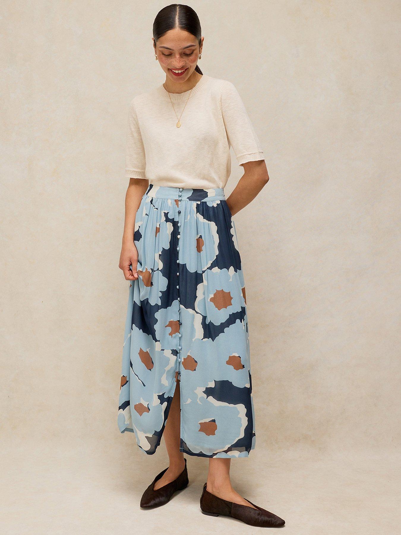Image 1 of 5 of White Stuff Leela Painterly Floral Maxi Skirt - Blue