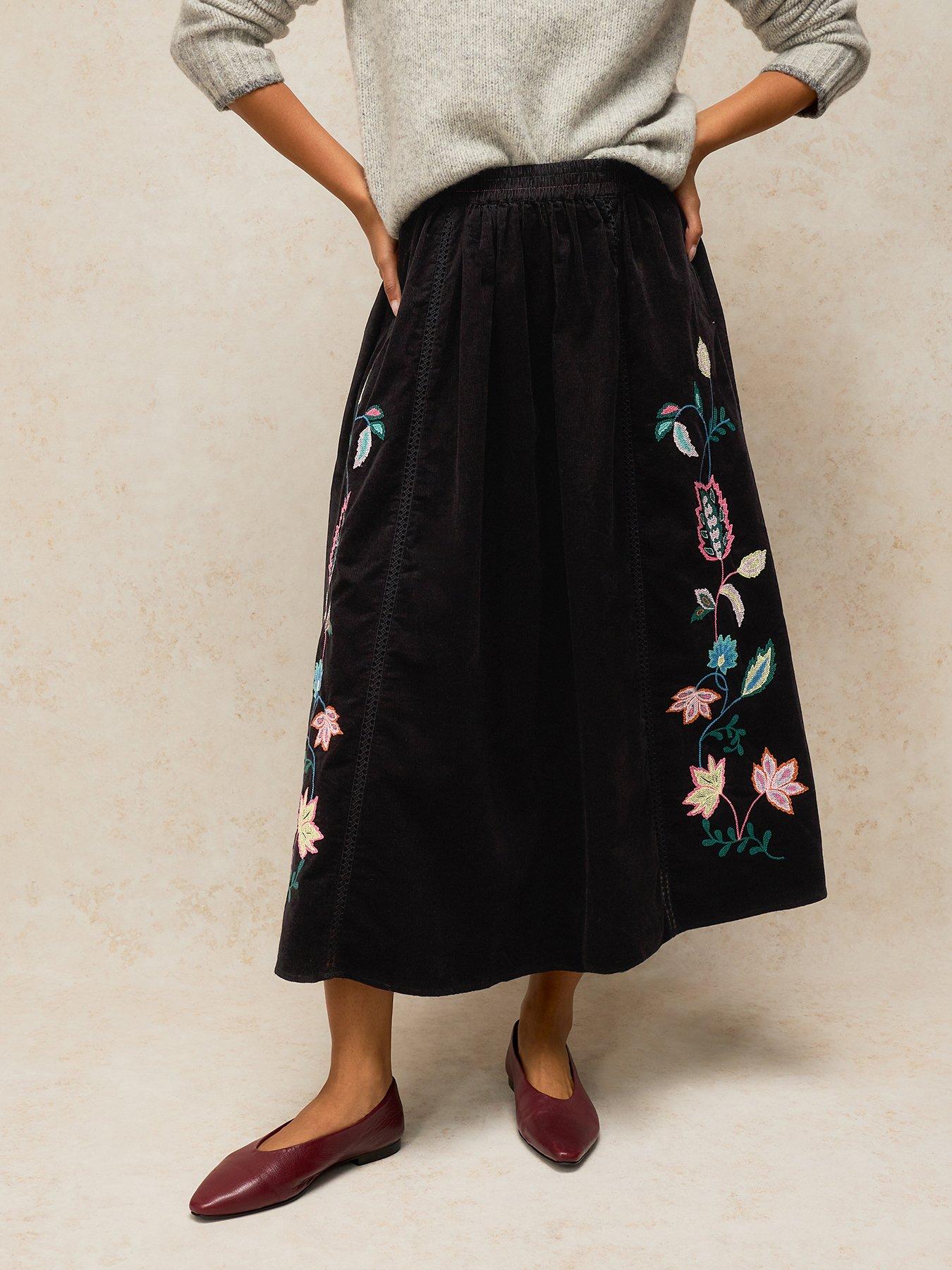 White Stuff Wren Embroidered Corduroy Midi Skirt - Black