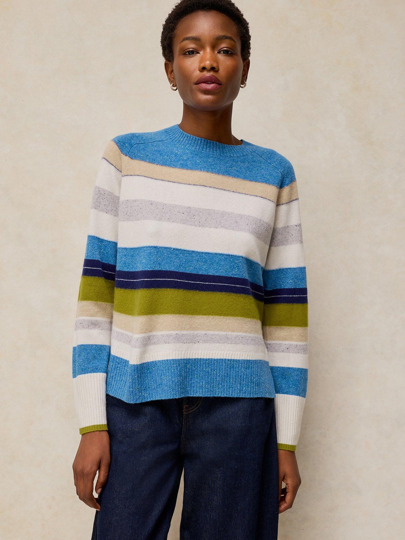 White Stuff Cashmere Stripe Crew Neck Jumper - Blue