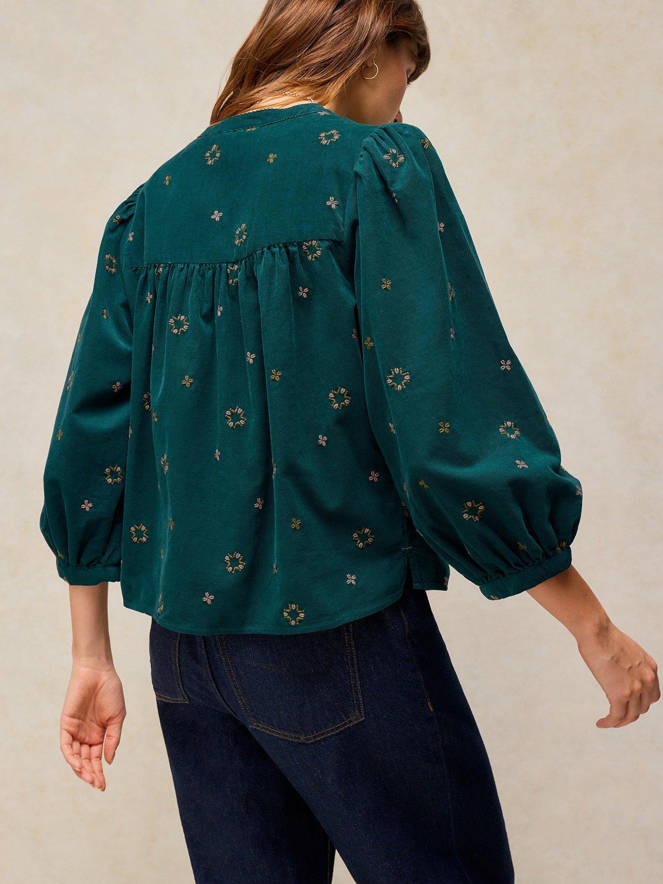 Image 2 of 5 of White Stuff Womens Lana Embroidered Cord Button-Through Puff Sleeve Top - Blue