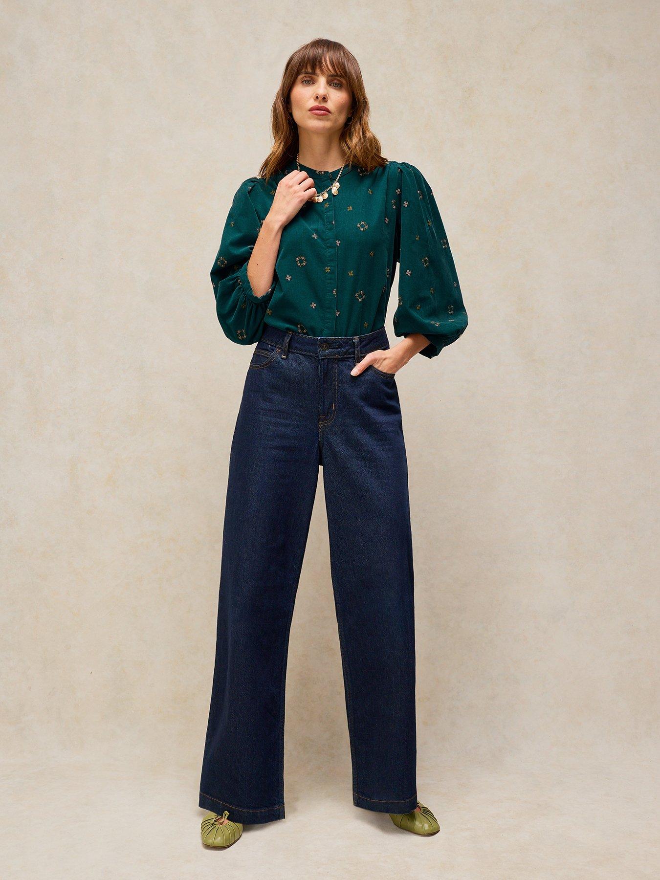 Image 3 of 5 of White Stuff Womens Lana Embroidered Cord Button-Through Puff Sleeve Top - Blue