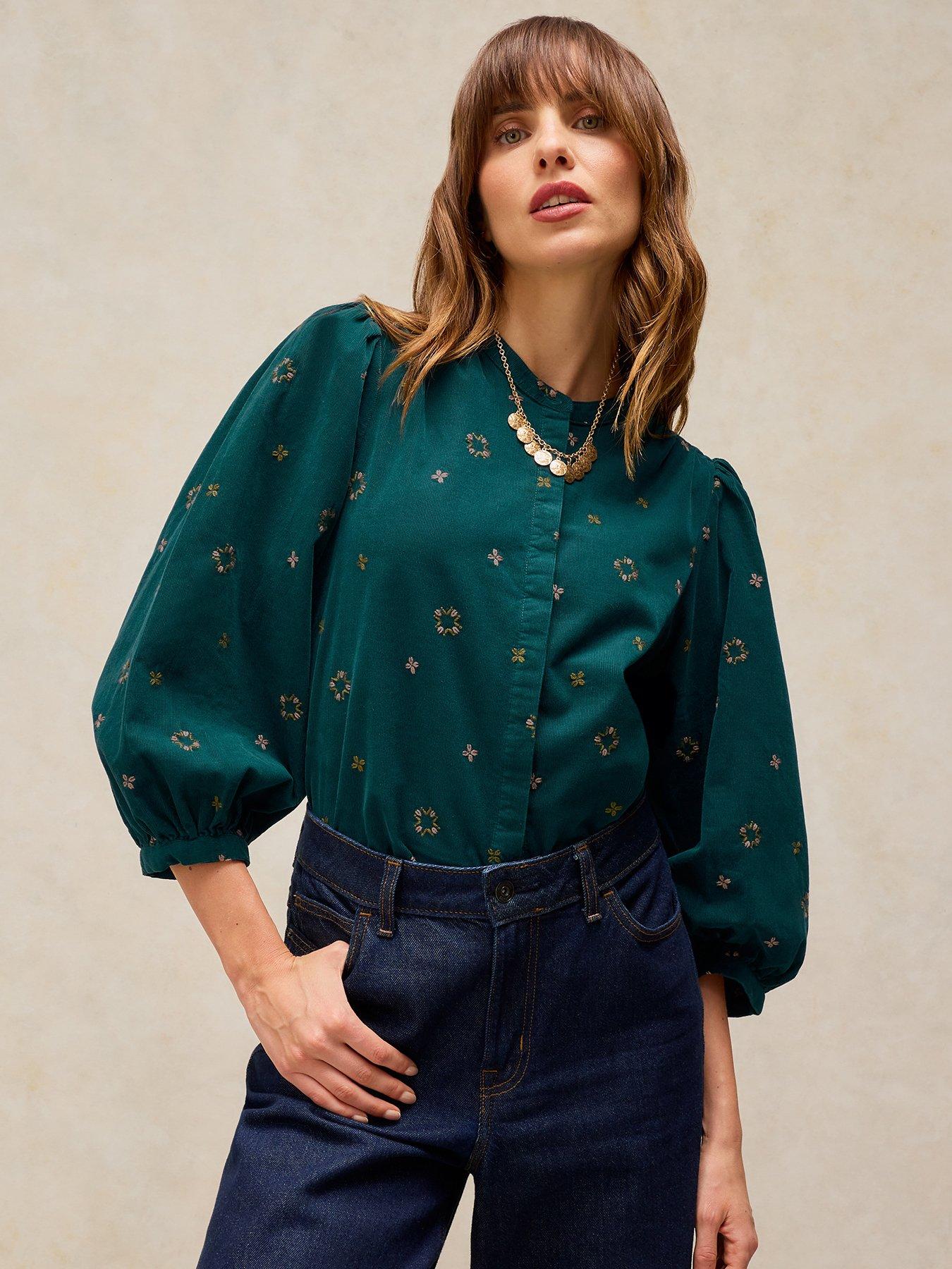 Image 4 of 5 of White Stuff Womens Lana Embroidered Cord Button-Through Puff Sleeve Top - Blue