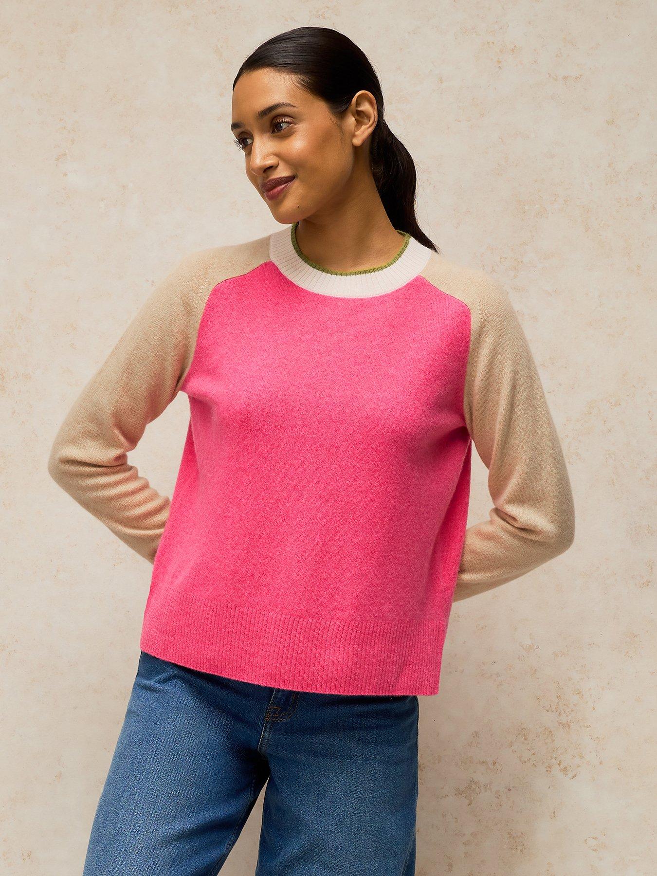 Image 1 of 5 of White Stuff Cashmere Colour Block Crew Neck Jumper - Pink