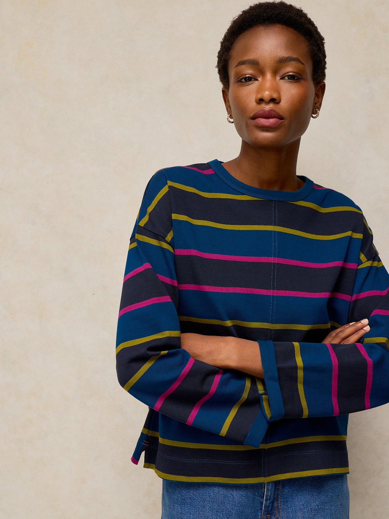 Image 1 of 5 of White Stuff Womens Kim Midweight Relaxed Striped Long Sleeve T-Shirt - Navy