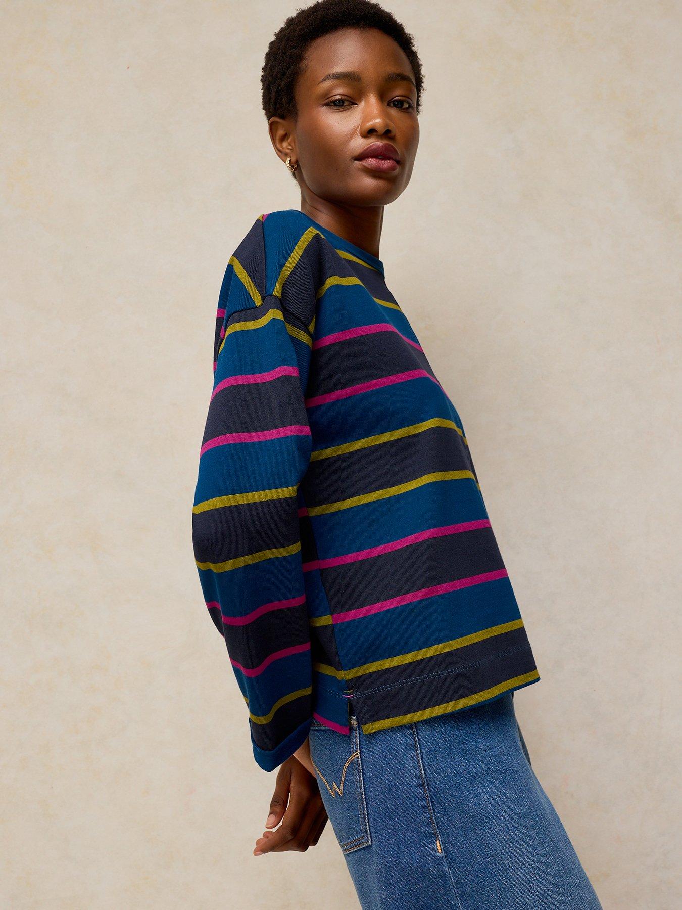 Image 4 of 5 of White Stuff Womens Kim Midweight Relaxed Striped Long Sleeve T-Shirt - Navy