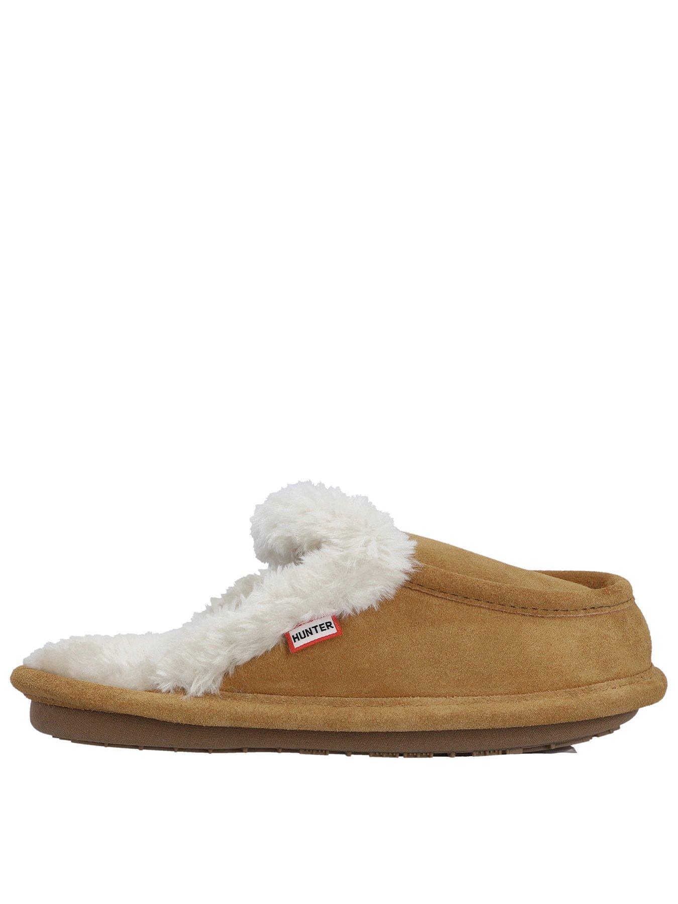 Image 1 of 2 of Hunter Womens Slip-On Suede Faux-Fur Trim Mule Slippers - Beige