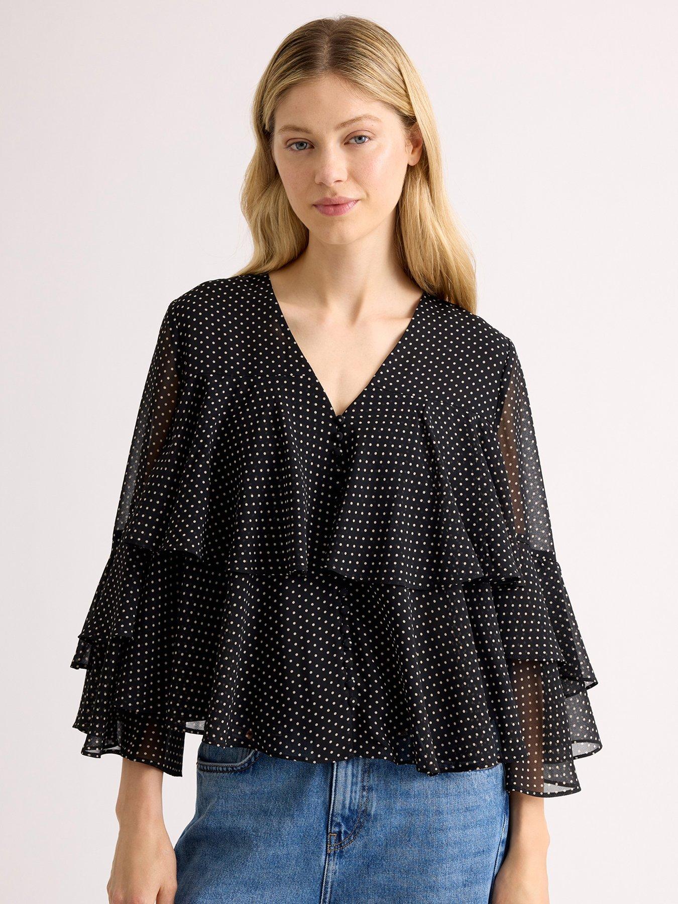 Image 1 of 5 of Albaray Chiffon Spot Ruffle Sleeve Blouse - Black