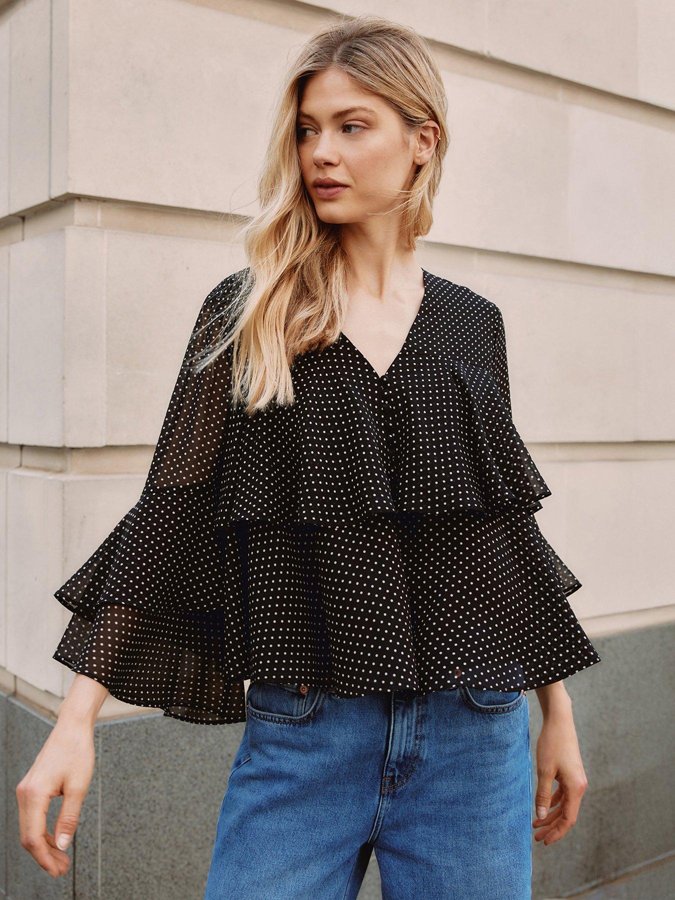 Image 3 of 5 of Albaray Chiffon Spot Ruffle Sleeve Blouse - Black