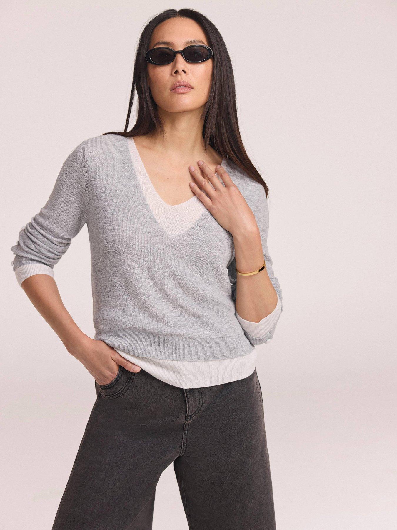 Mint Velvet Double Layer V-Neck Knitted Top - Grey