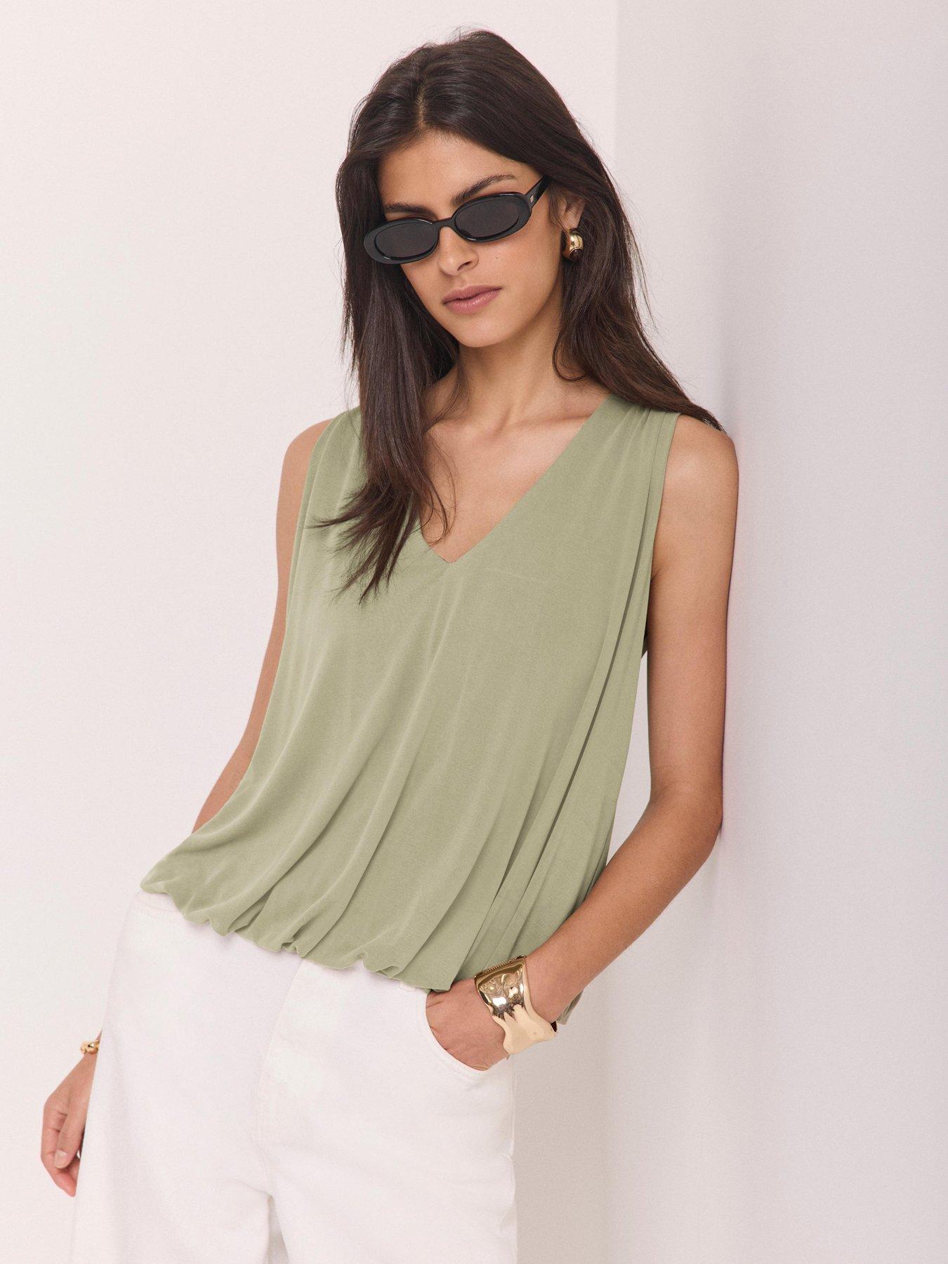Mint Velvet V Neck Bubble Hem Top - Green
