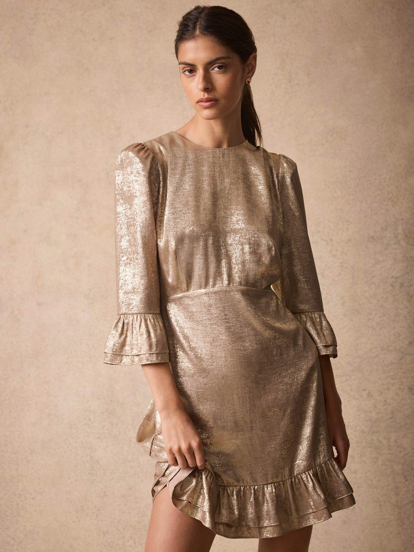 Image 3 of 6 of Mint Velvet Metallic Ruffle Hem Mini Dress - Gold