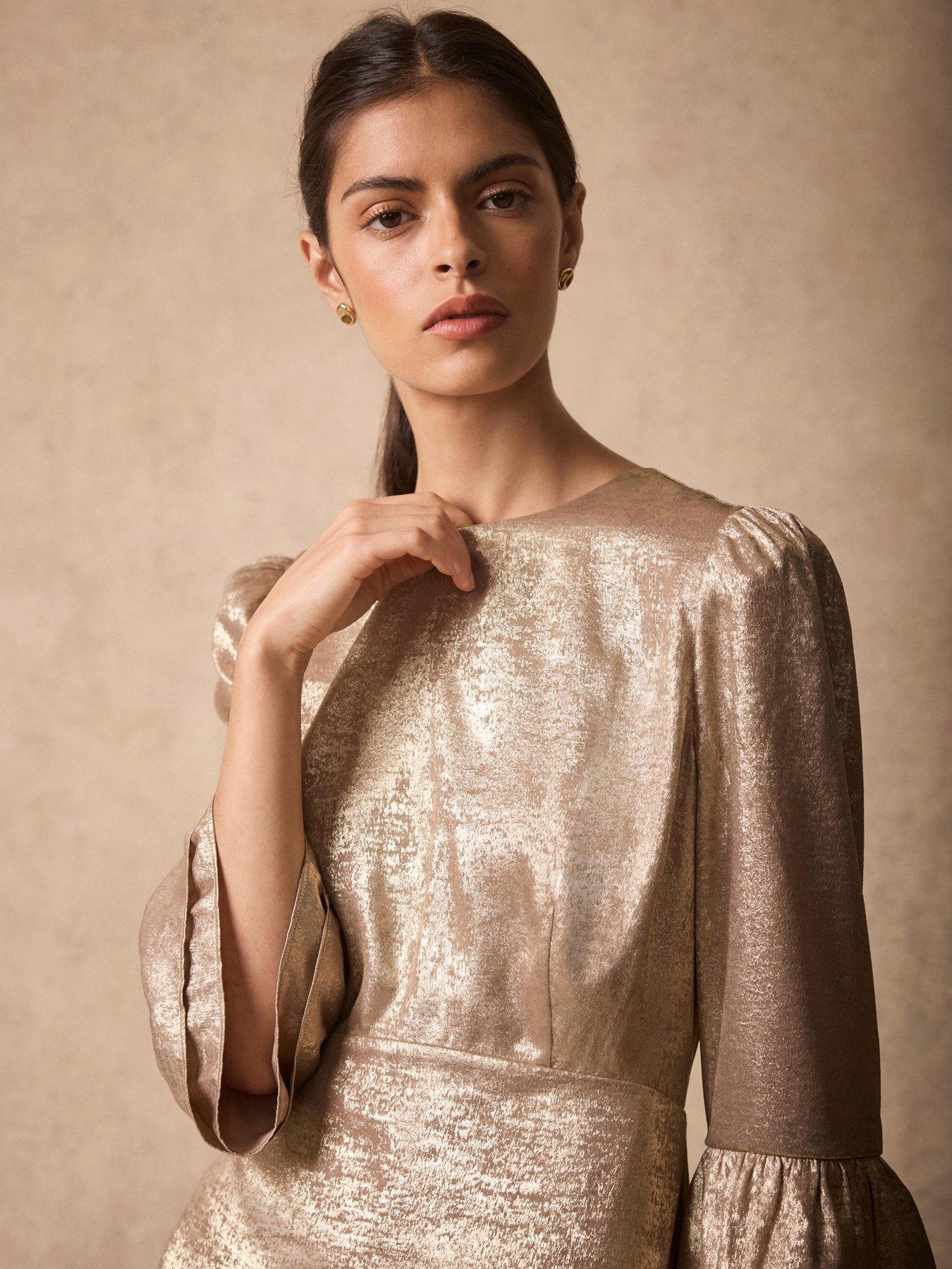 Image 4 of 6 of Mint Velvet Metallic Ruffle Hem Mini Dress - Gold