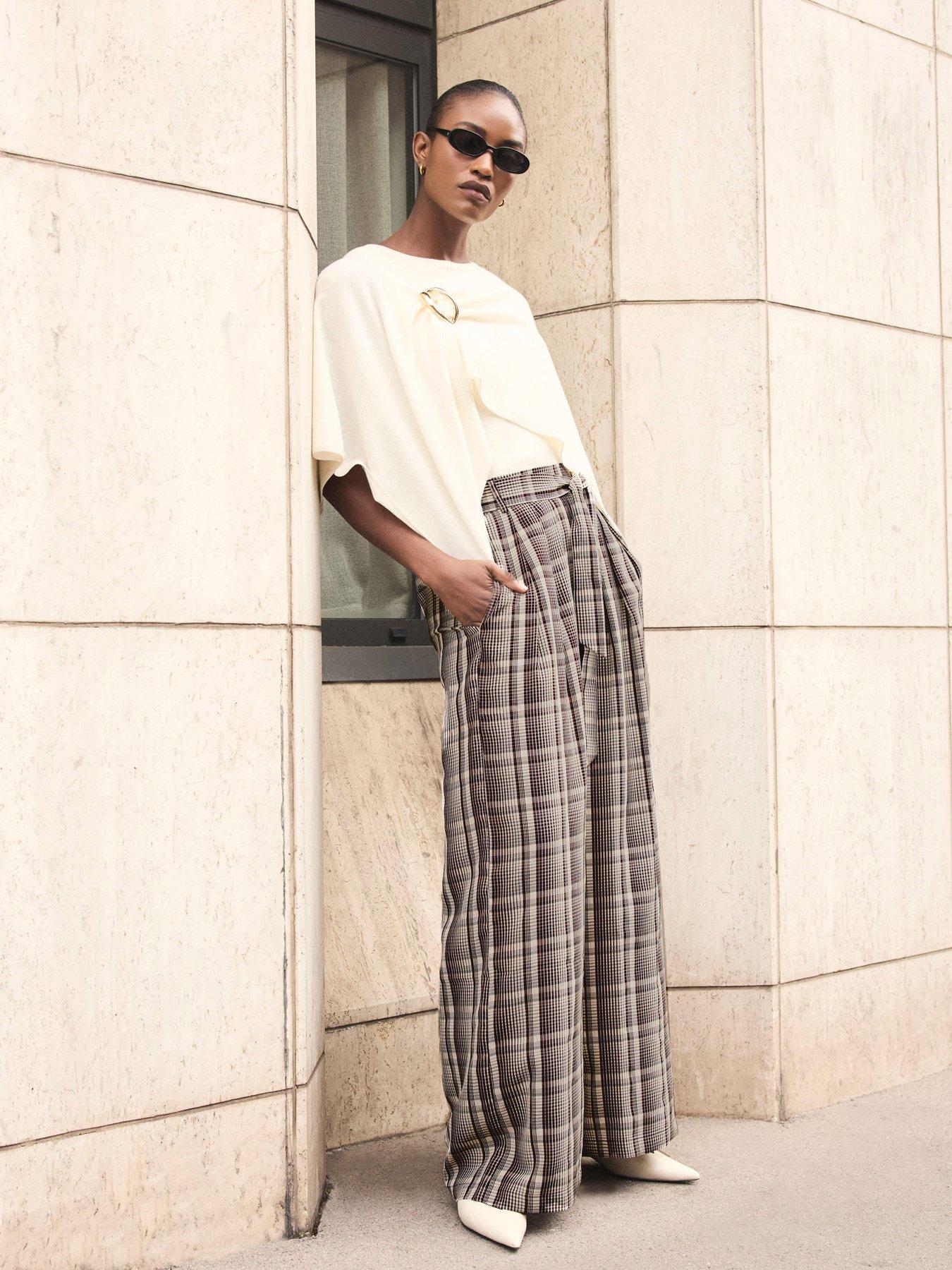 Mint Velvet Check Print Belted Wide Leg Trousers - Brown