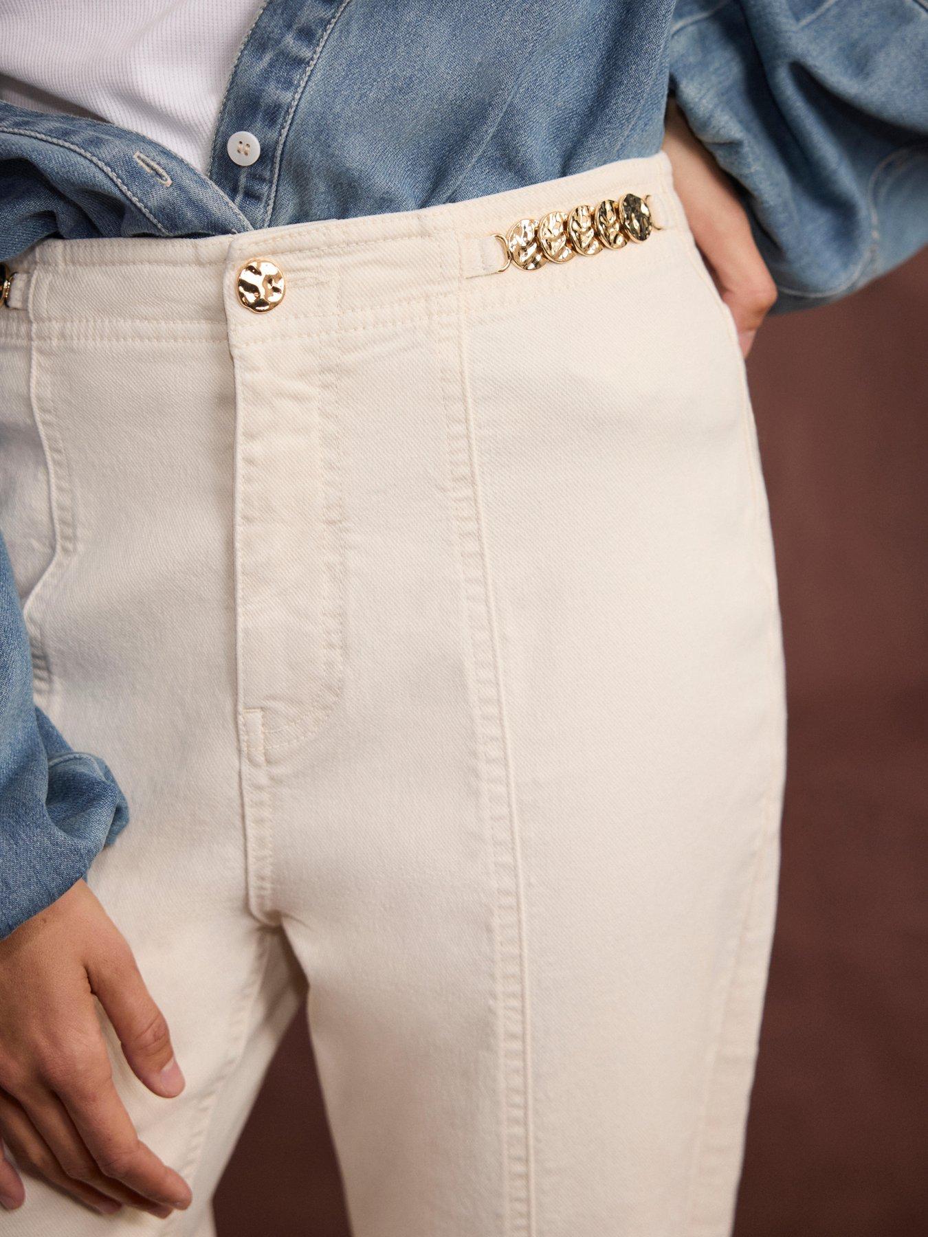 Image 4 of 6 of Mint Velvet Women's Gold-Tone Disc Detail Vintage Flare Jeans - Cream