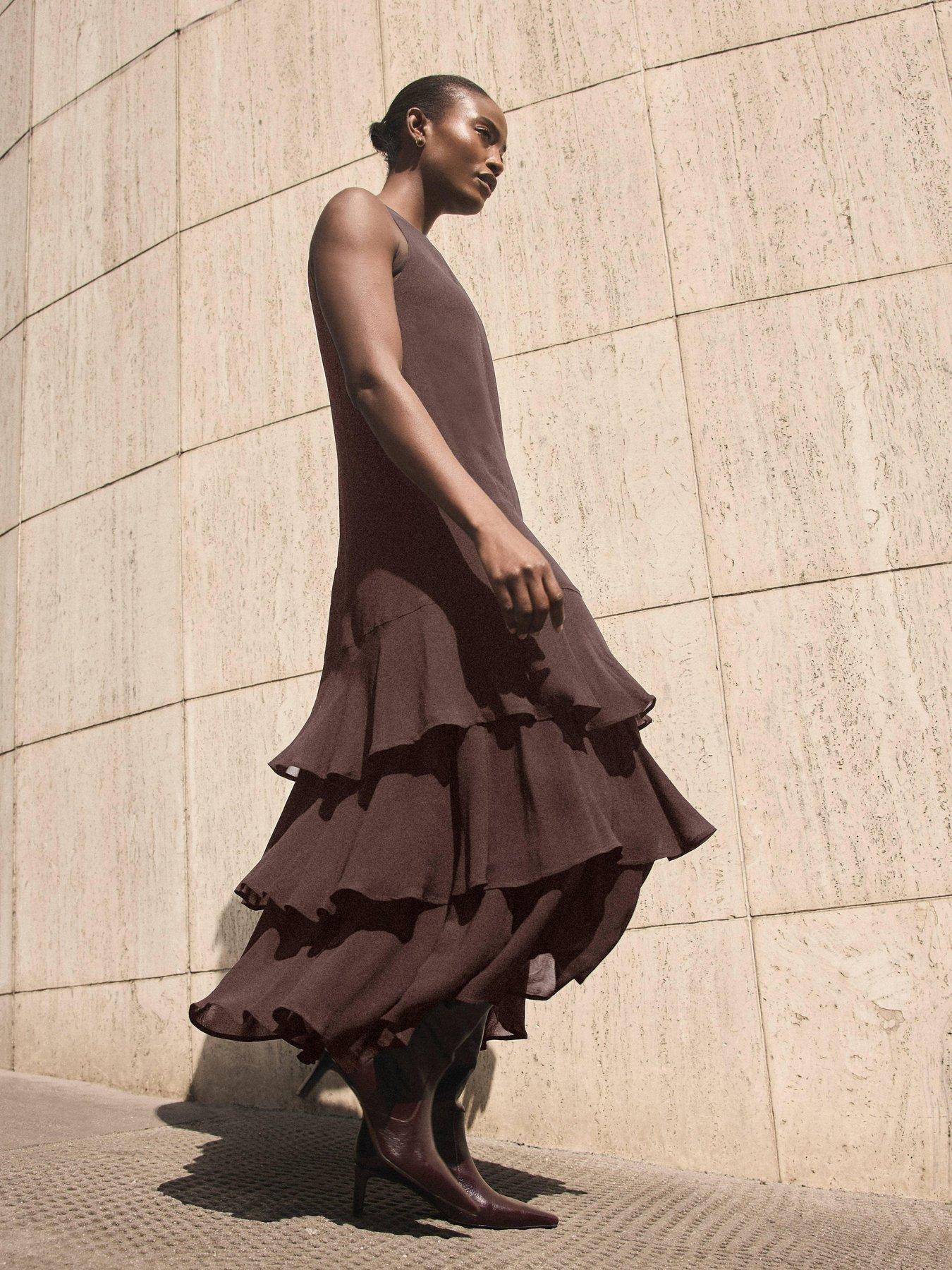 Mint Velvet Tiered Ruffle Midaxi Dress - Brown