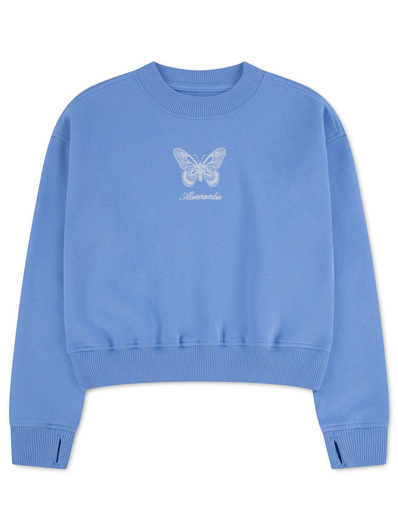 Image 1 of 4 of Abercrombie & Fitch Girls' Gusset Crew Neck Sweatshirt with Butterfly Graphic - Blue