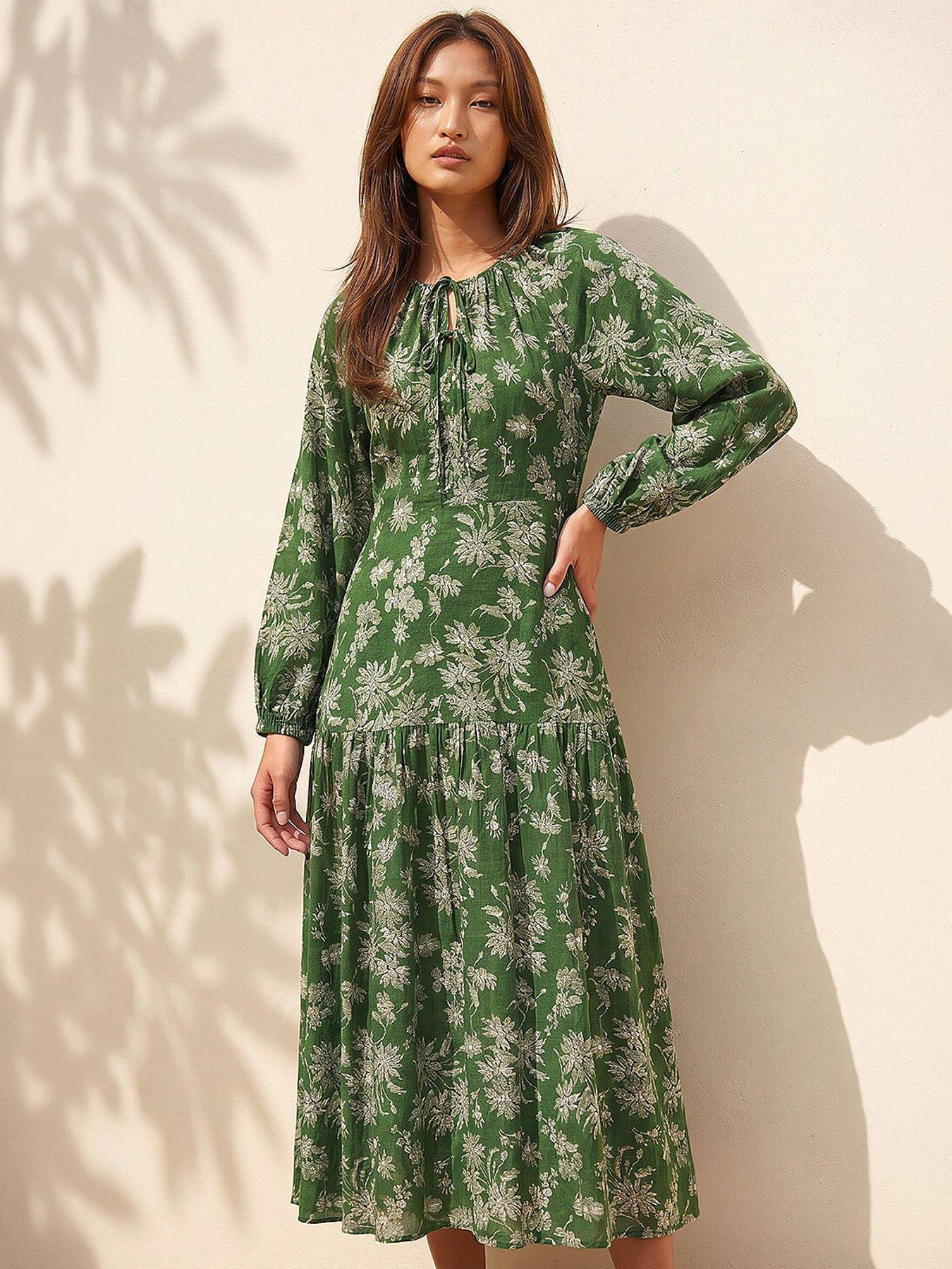 Roman Floral Keyhole Tie Midi Dress, Green, Size 14, Women