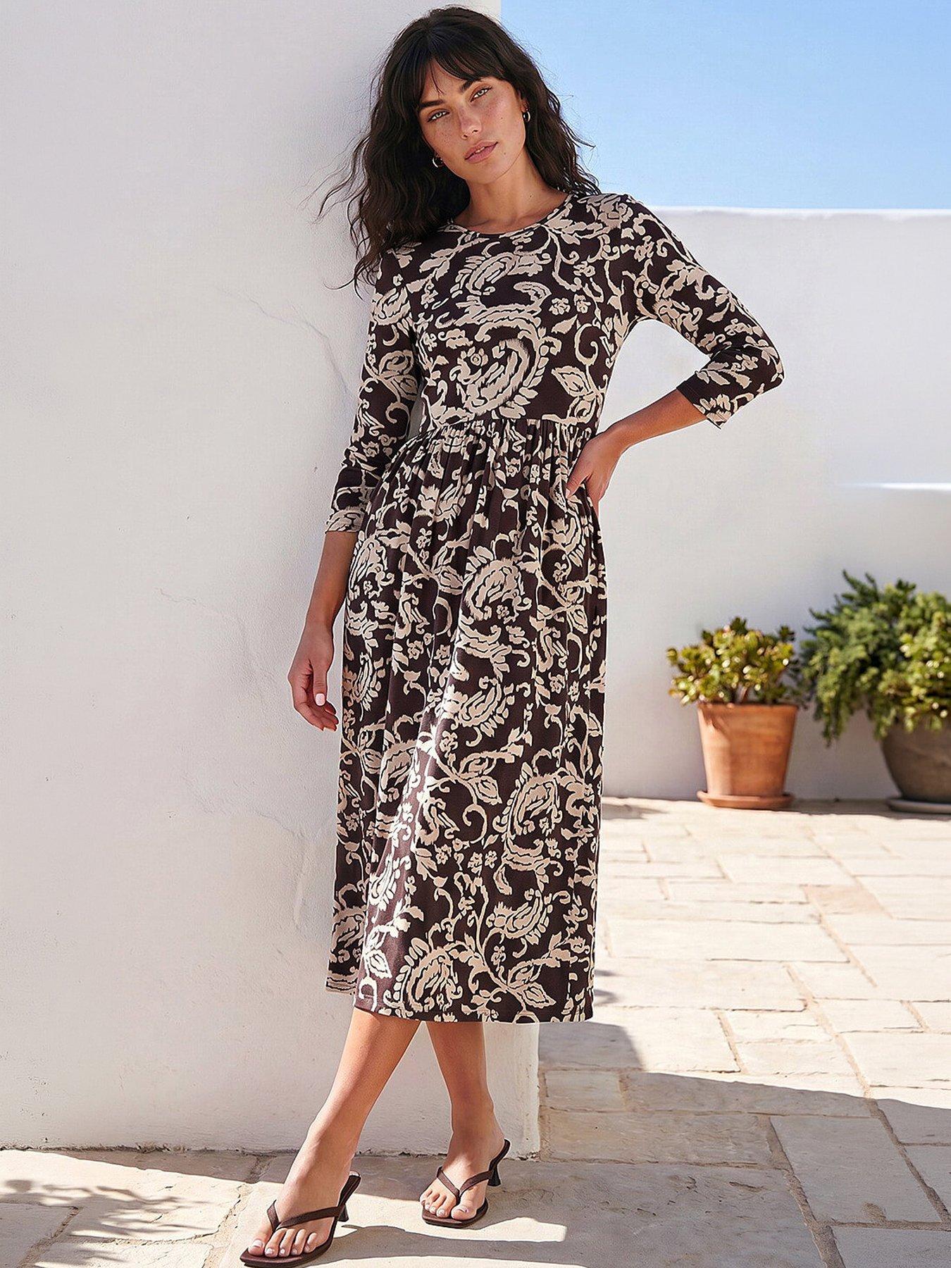 Roman Leaf Print Pocket Dress, Cream, Size 12, Women