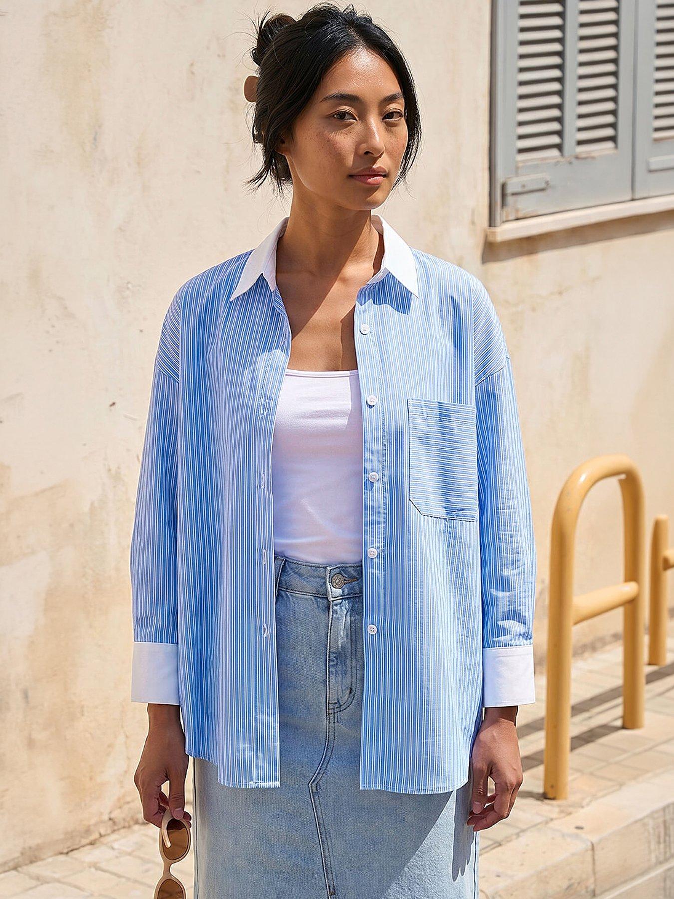 Roman Petite Contrast Stripe Shirt, Blue, Size 8, Women