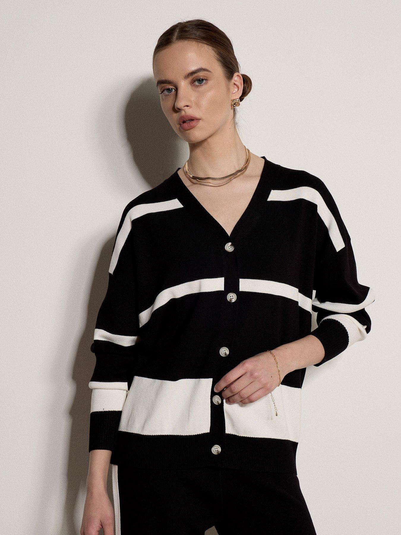 Image 1 of 4 of Apricot Womens Oversized Stripe Button-Through Cardigan - Black