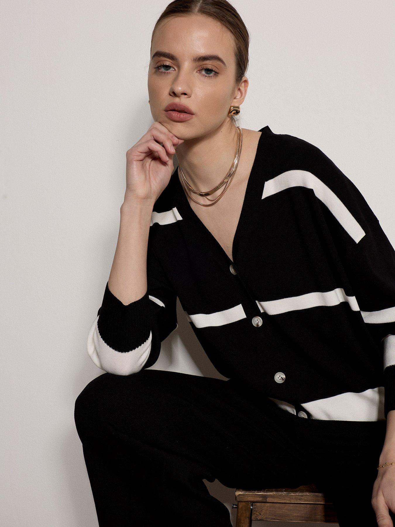 Image 4 of 4 of Apricot Womens Oversized Stripe Button-Through Cardigan - Black