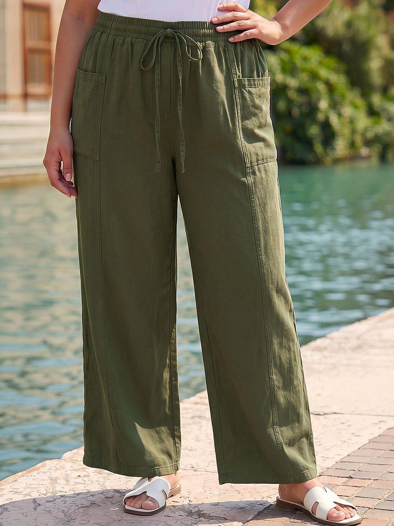 Roman Curve Tie Waist Pocket Trouser, Green, Size 18, Women