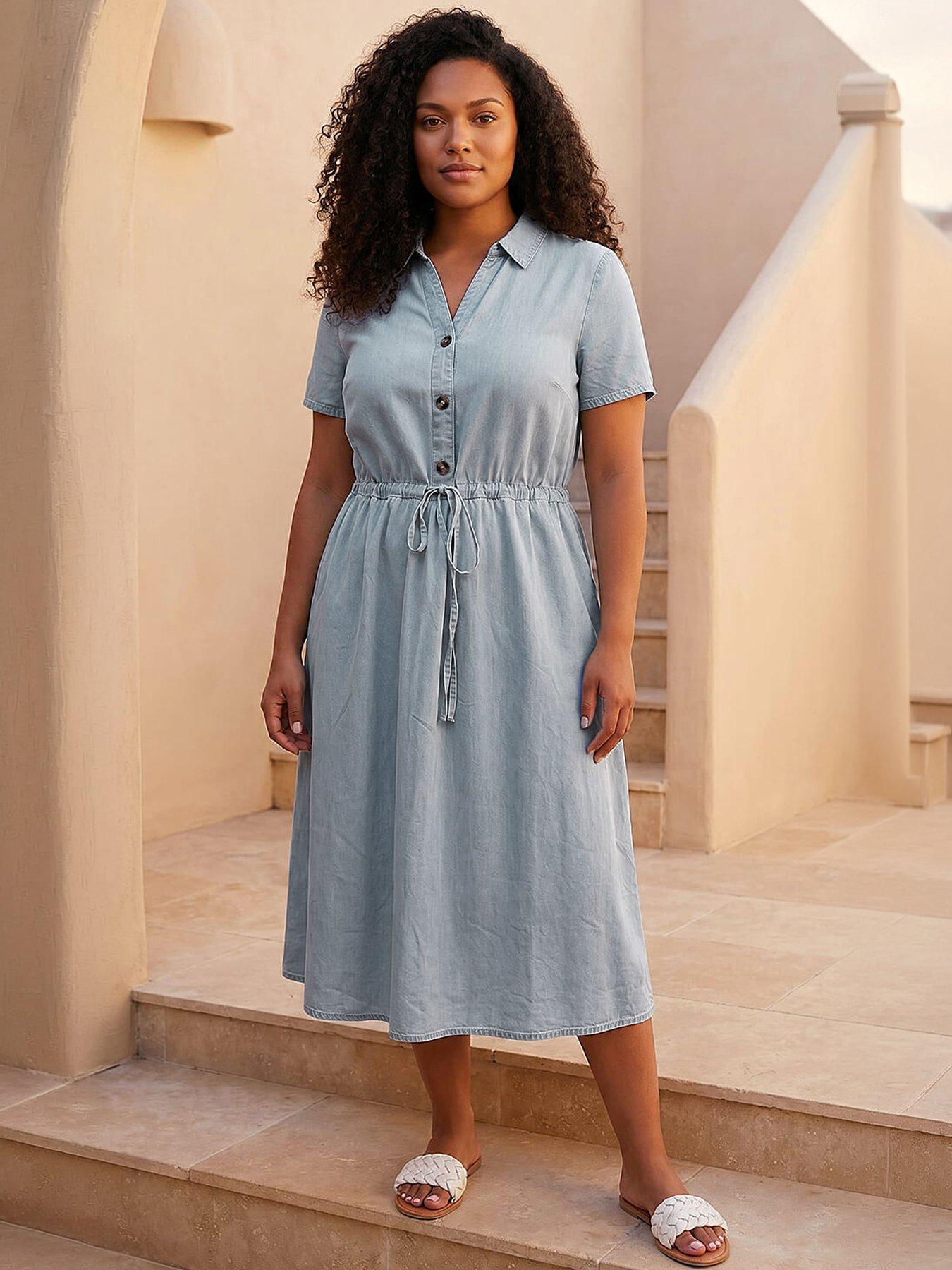 Roman Curve Tie Waist Shirt Dress, Blue, Size 18, Women