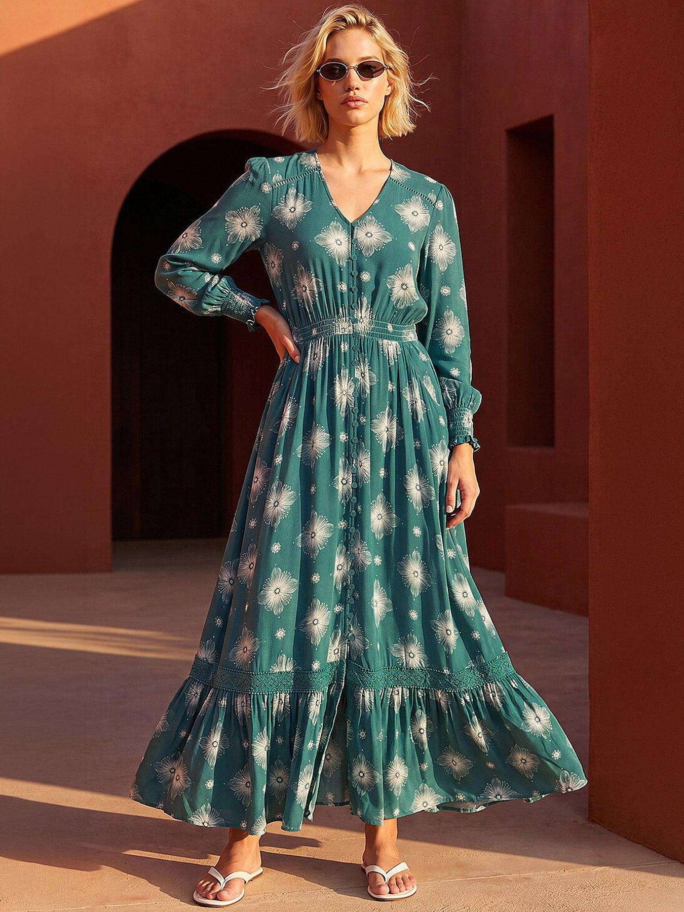 Roman Floral Lace Trim Midi Dress, Green, Size 16, Women