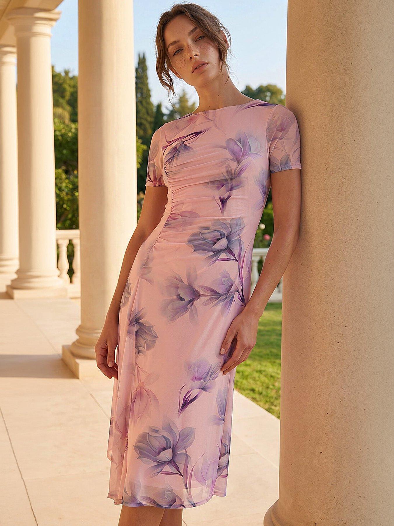 Roman Petite Print Ruched Mesh Midi Dress, Pink, Size 18, Women
