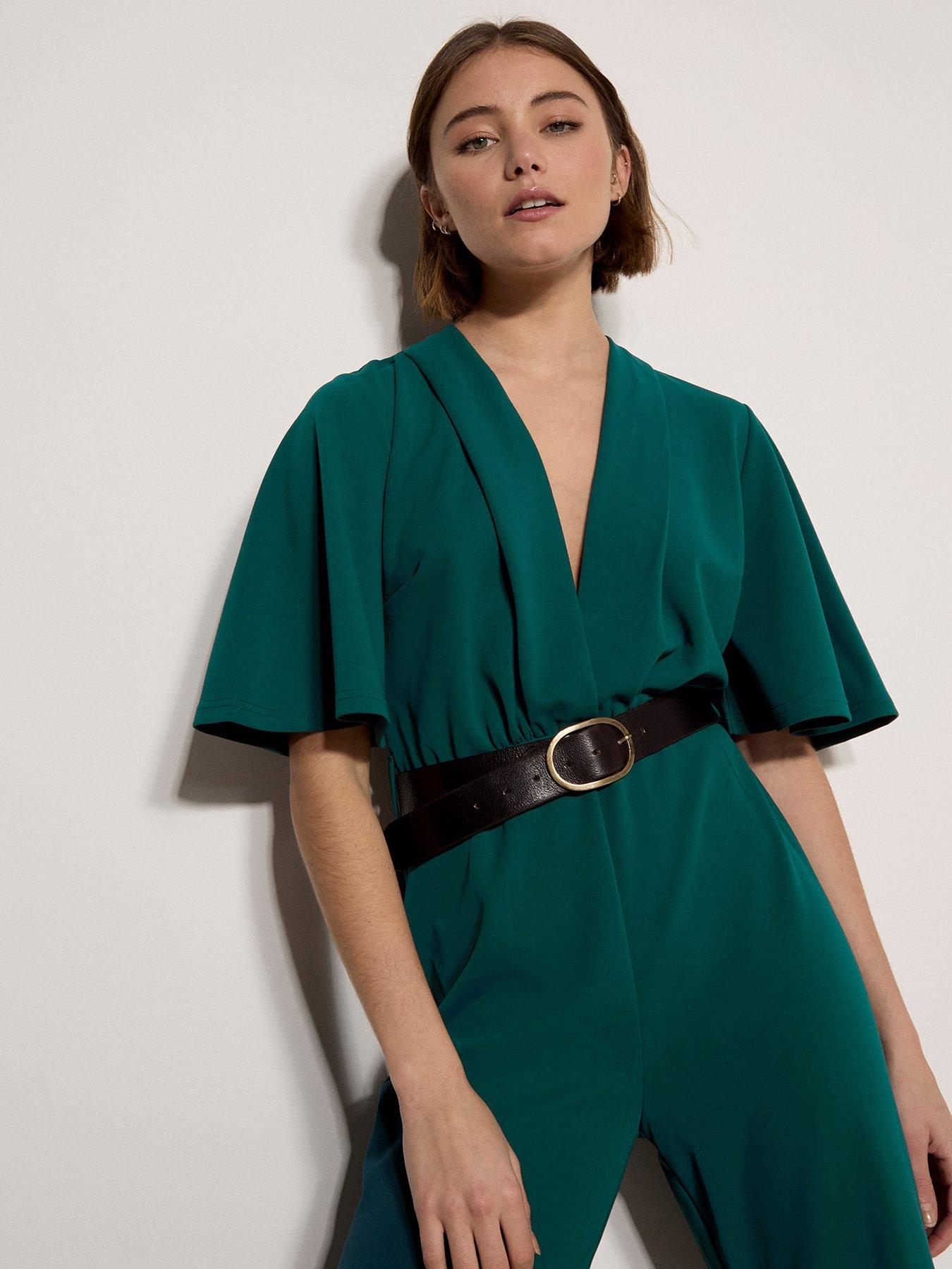 Image 4 of 5 of Apricot Womens V Neck Angel Sleeve Straight Leg Jumpsuit - Green