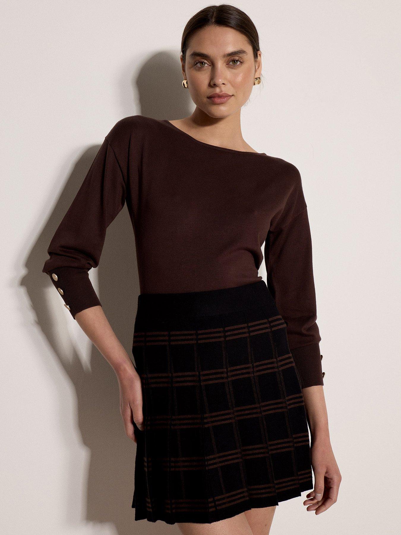 Image 1 of 4 of Apricot Womens Check Pleated Knitted Skirt - Black