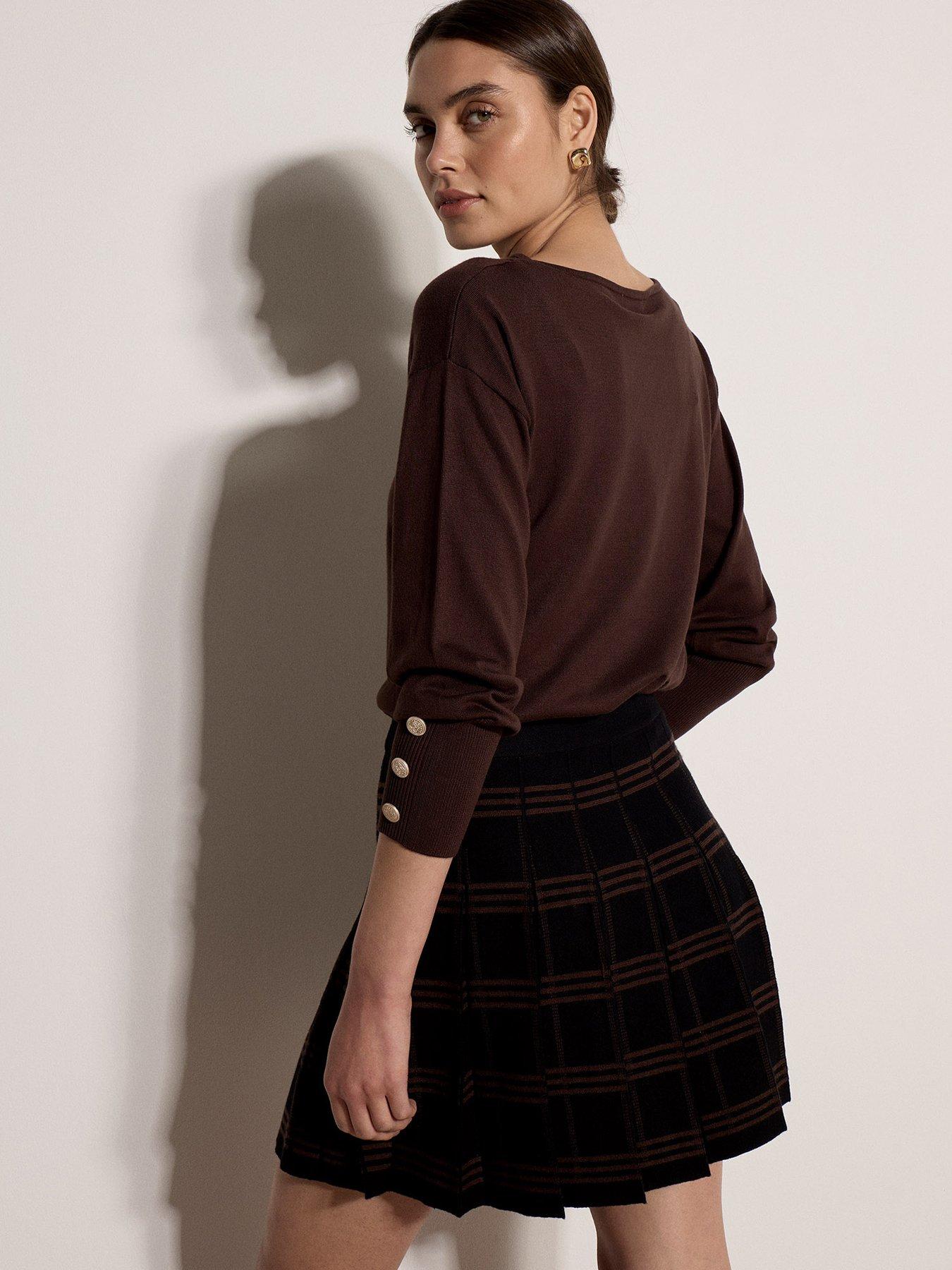Image 2 of 4 of Apricot Womens Check Pleated Knitted Skirt - Black