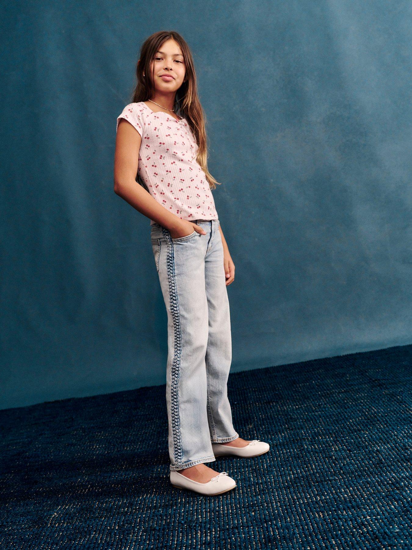 Image 1 of 6 of Abercrombie & Fitch Girls Braided High Rise Wide Leg Jeans - Blue