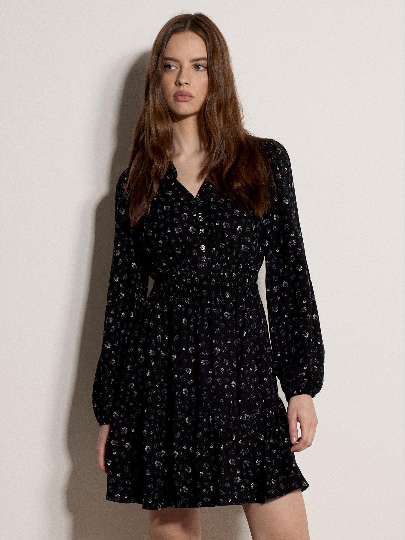 Image 1 of 5 of Apricot Womens Ditsy Floral Shirred Waist Tiered Mini Dress - Black