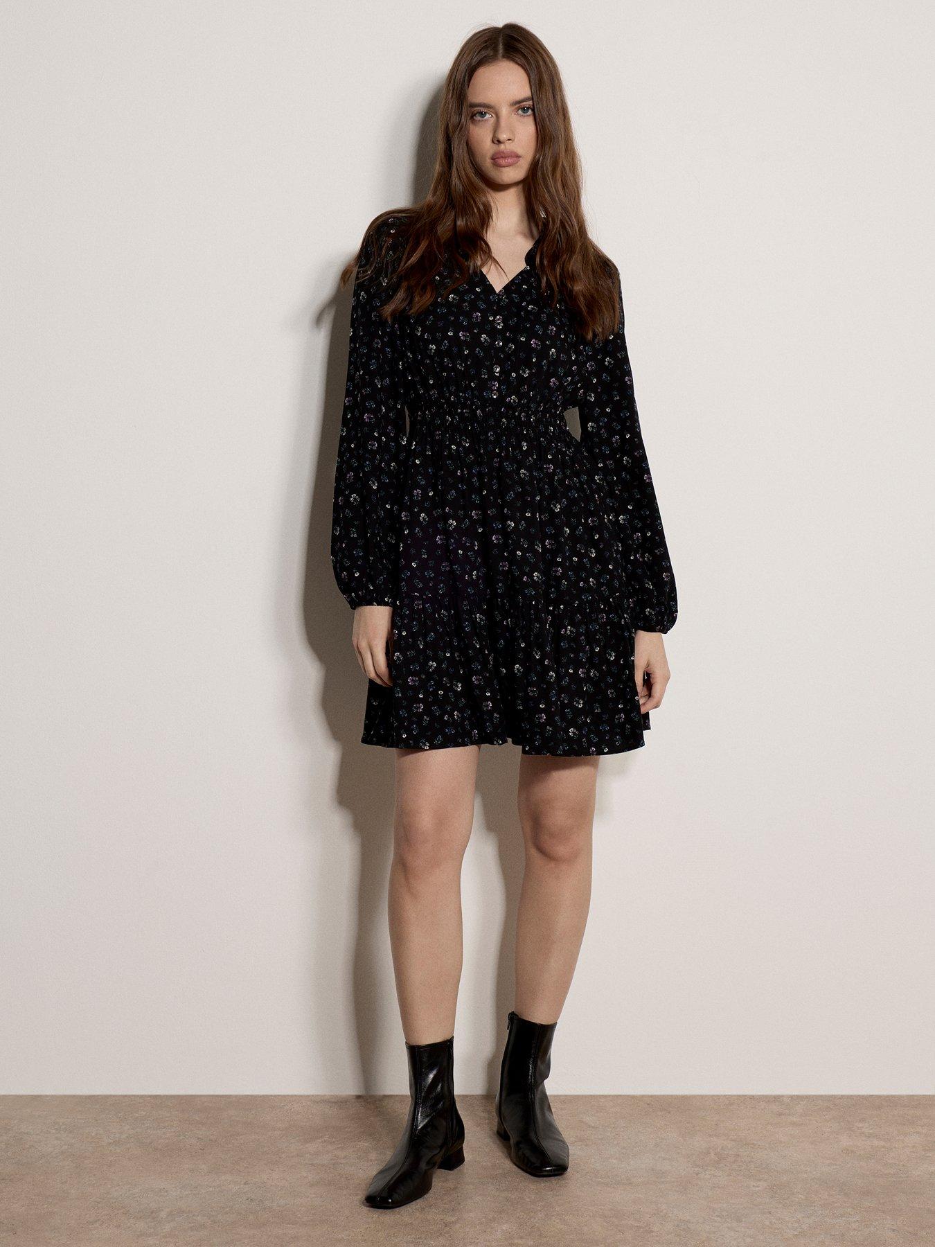 Image 3 of 5 of Apricot Womens Ditsy Floral Shirred Waist Tiered Mini Dress - Black
