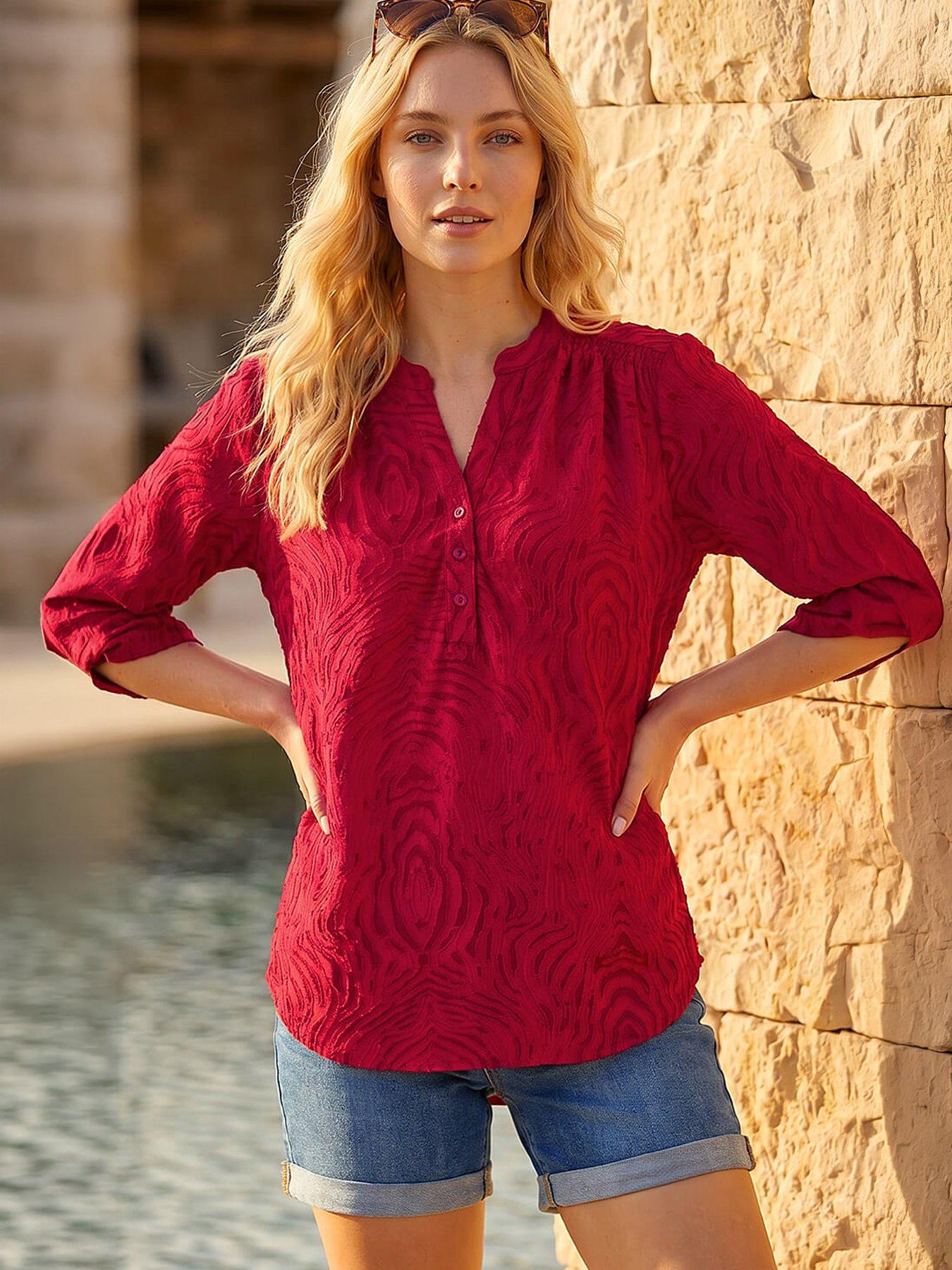 Roman Texture Burnout Shrt, Red, Size 18, Women