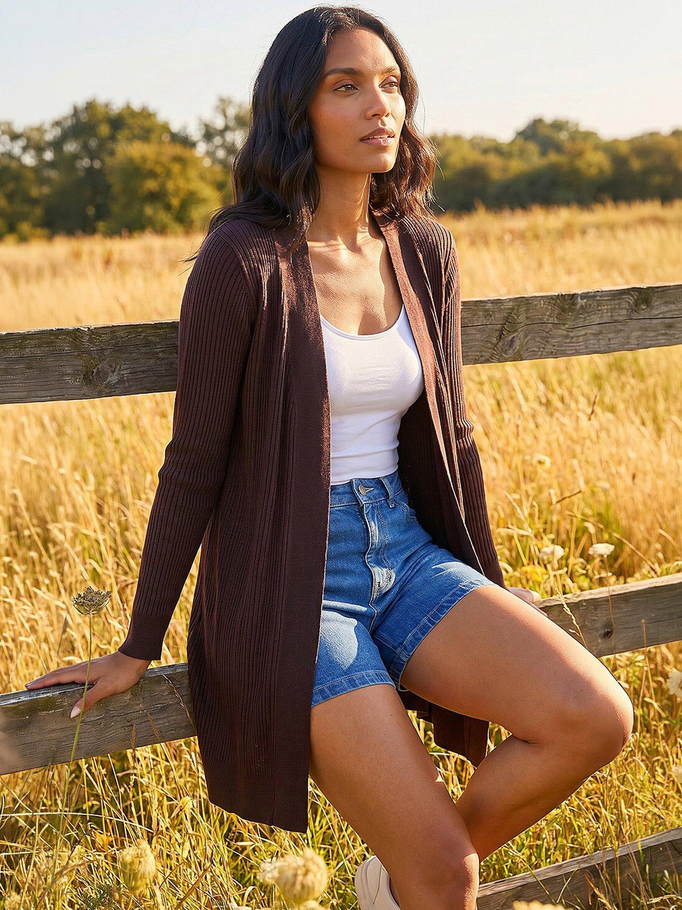 Roman Rib Knit Cardigan, Brown, Size 10, Women