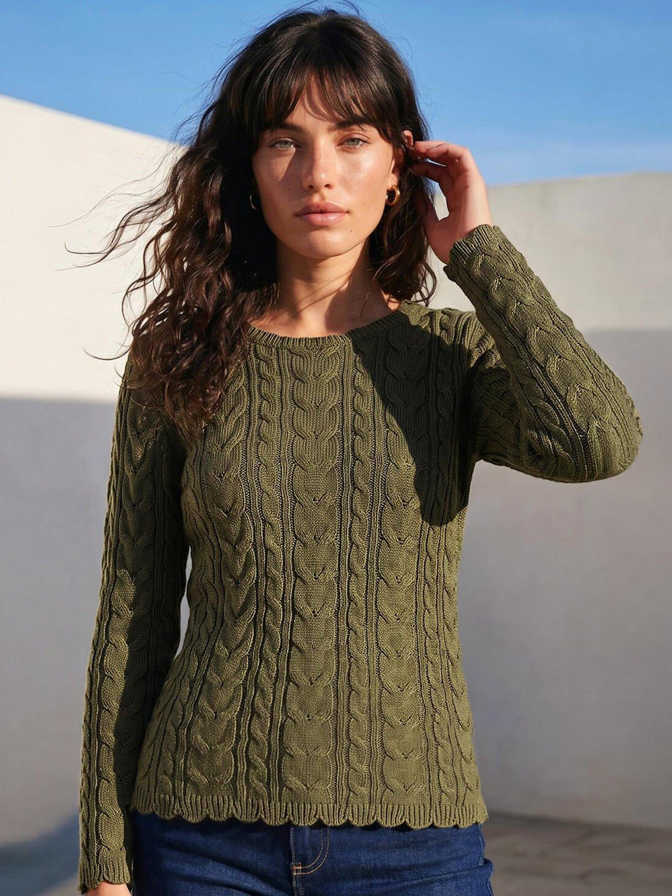 Roman Scallop Trim Cable Knit Jumper, Green, Size 14, Women