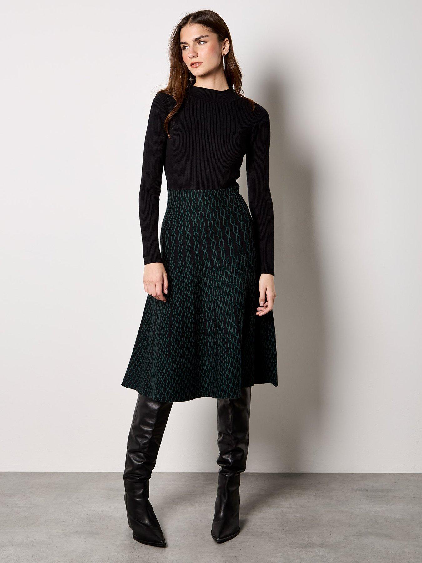 Apricot Knit Top Diamond Skirt Midi Dress - Black