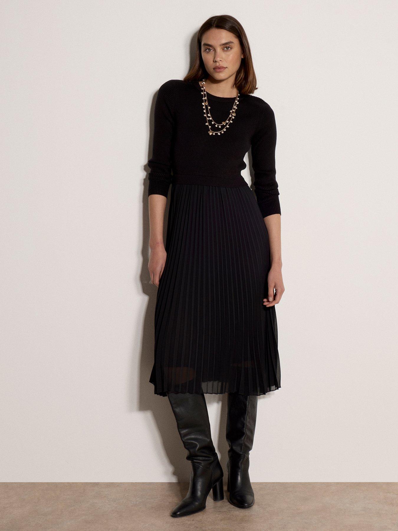 Apricot Ribbed Jumper Pleated Midi Dress - Black