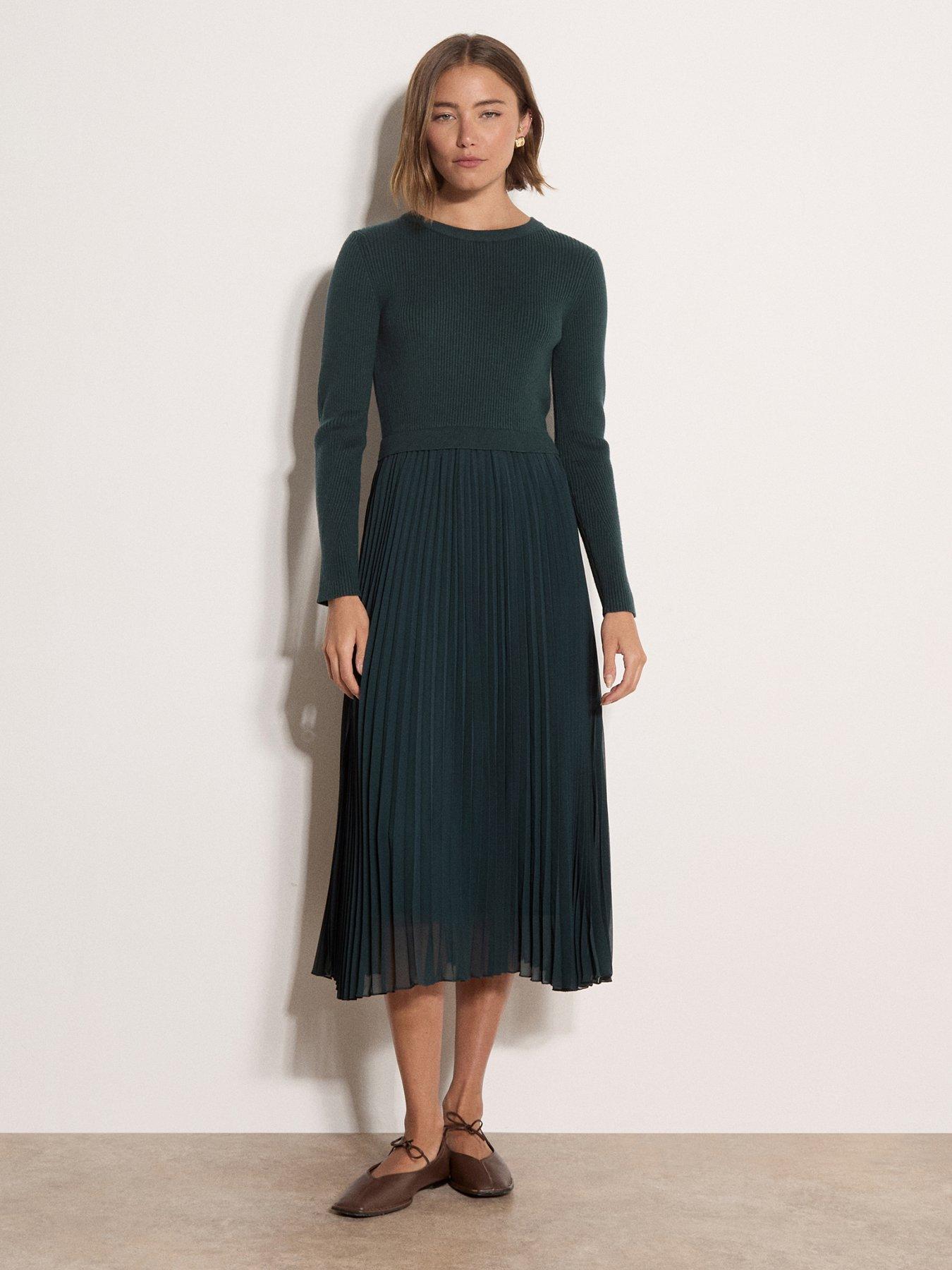 Apricot Womens Ribbed Knit Pleated Midi Jumper Dress - Green