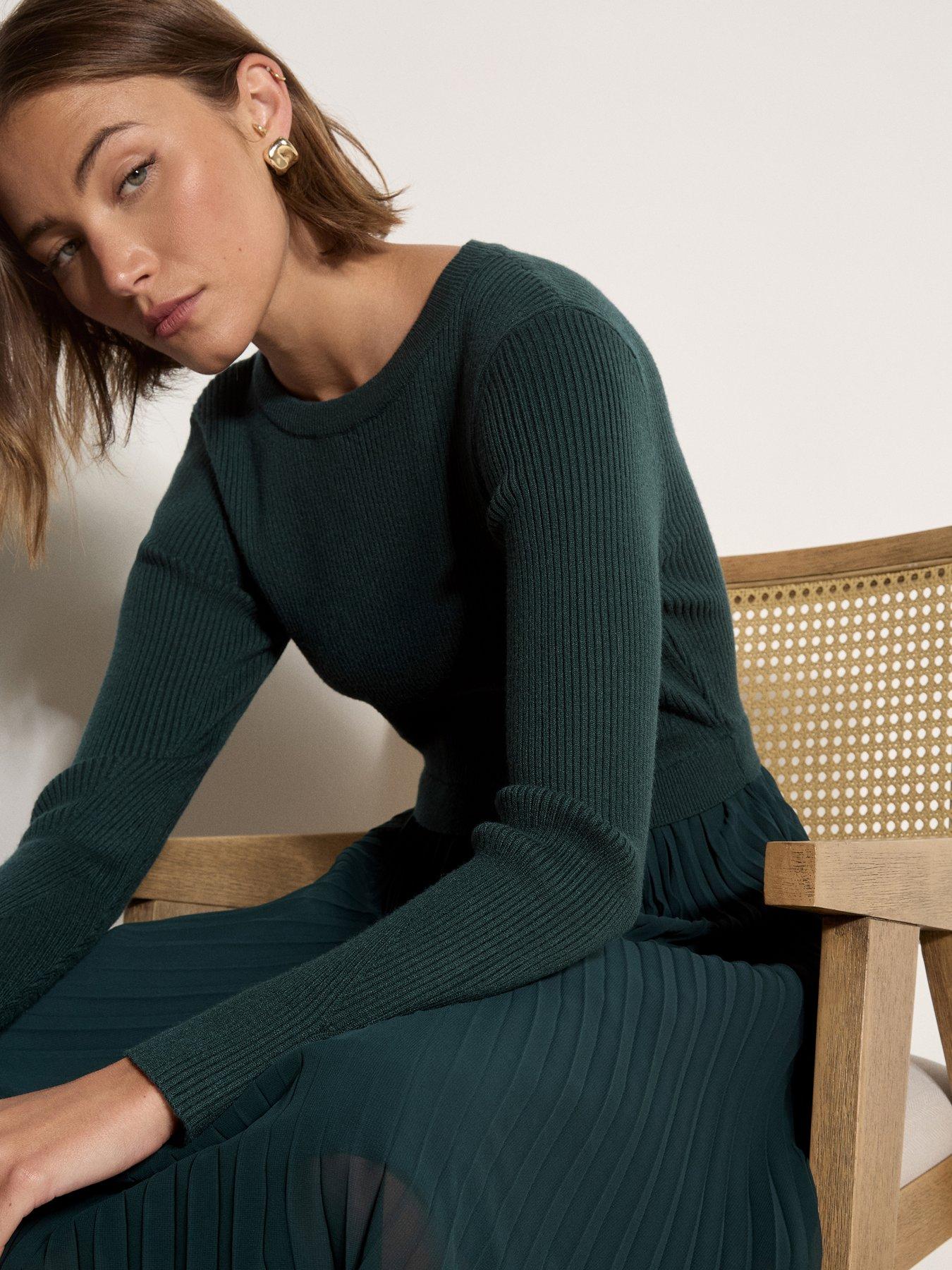 rib knit jumper dress Apricot Womens Ribbed Pleated Midi - Green vestido largo con abertura